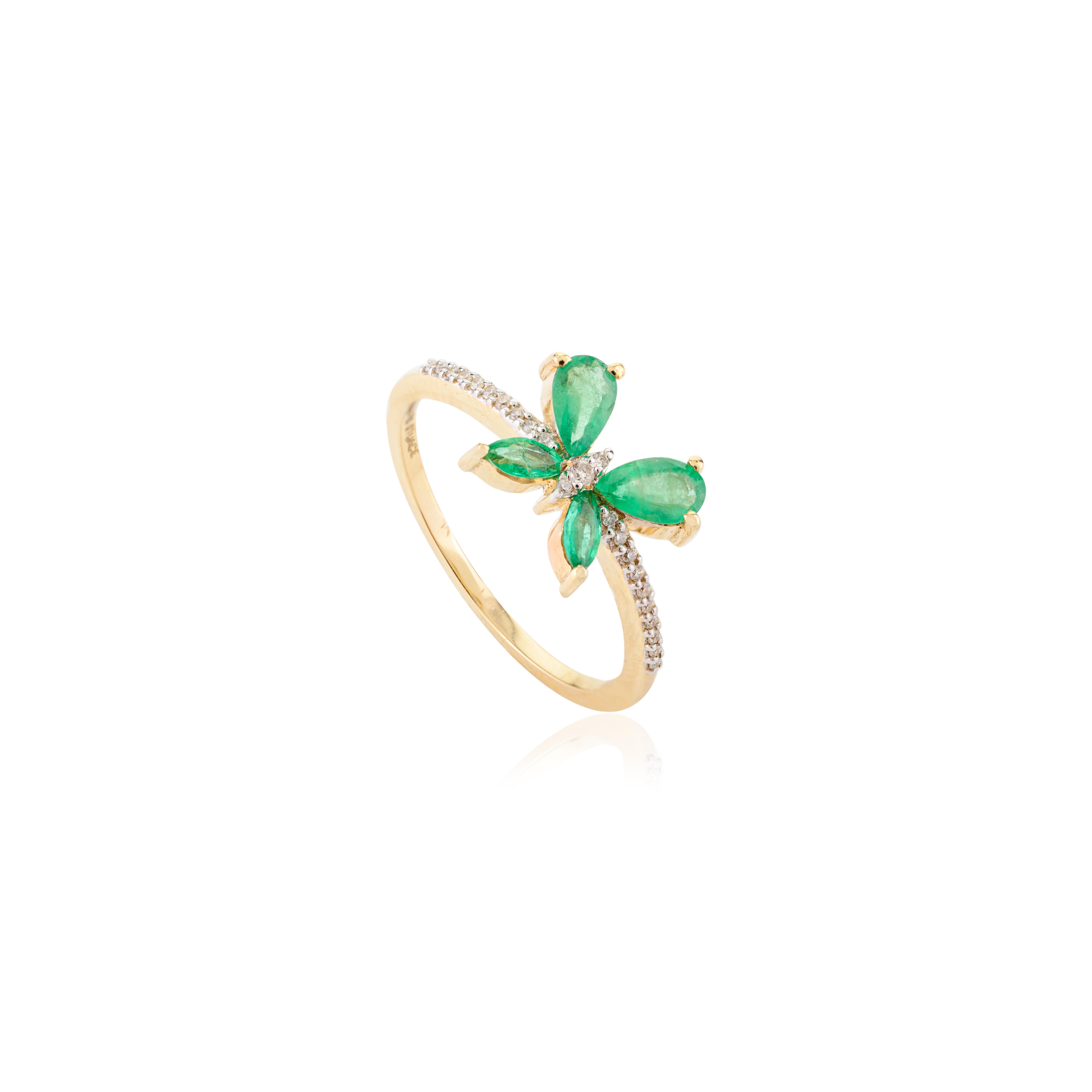 For Sale:  Emerald Diamond Butterfly Everyday Ring in 18k Solid Yellow Gold Holiday Gift 7