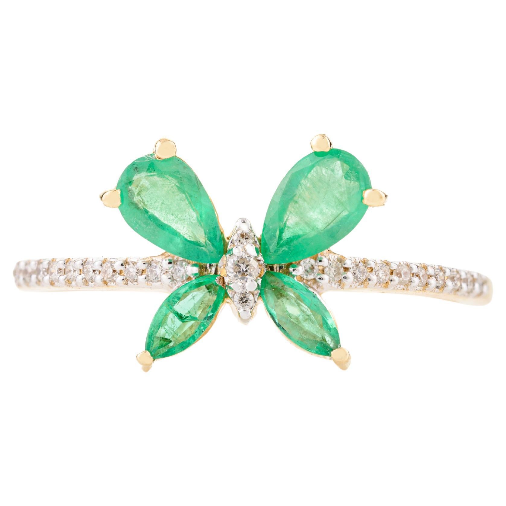 Emerald Diamond Butterfly Everyday Ring in 18k Solid Yellow Gold Holiday Gift