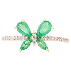 Emerald Diamond Butterfly Everyday Ring in 18k Solid Yellow Gold Holiday Gift