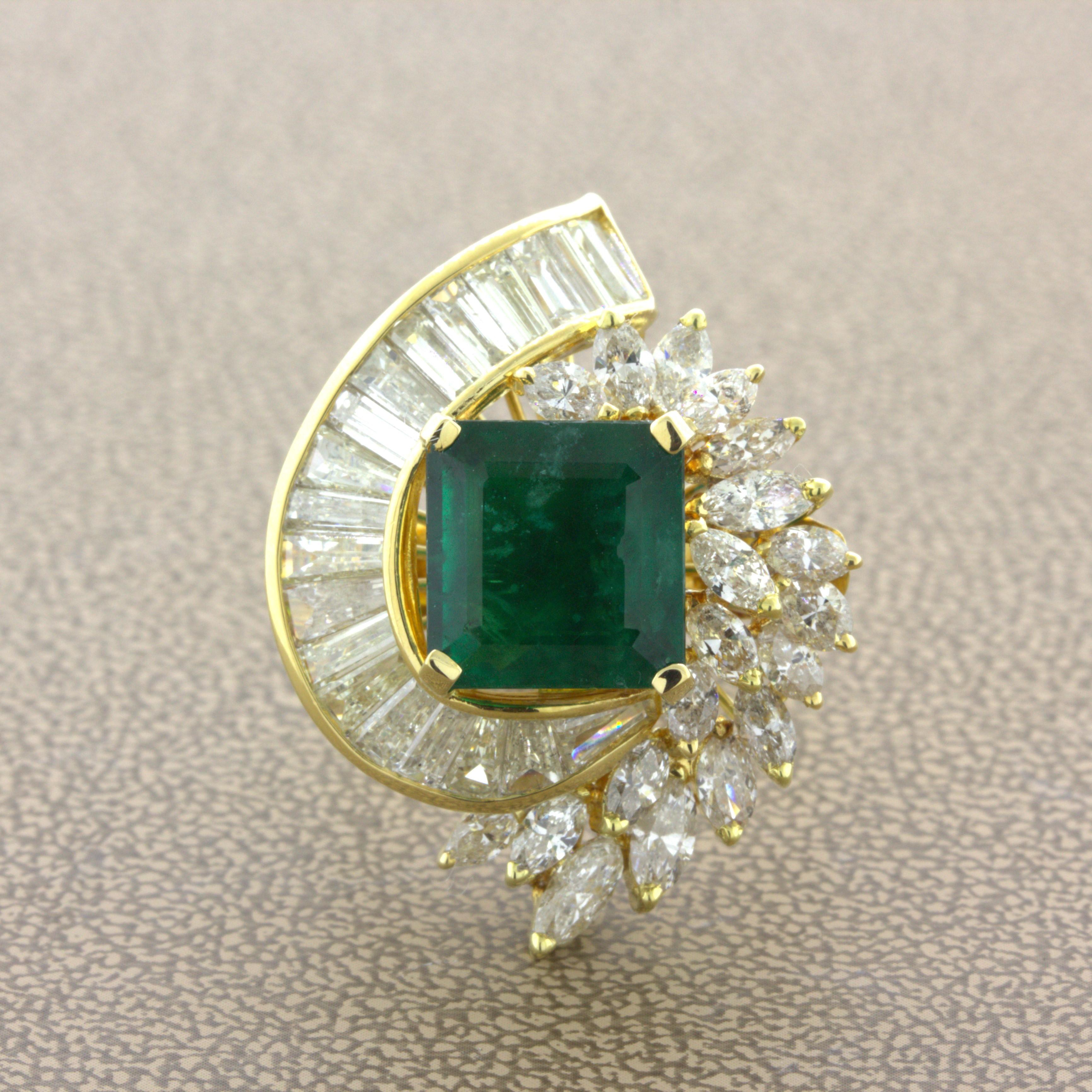 A chic and elegant gemstone and diamond ring from the 1970’s that can also be worn as a pendant. It features a 5.76 carat square-shape emerald with a deep vivid green color. Surrounding the emerald and running around the ring is a cascade of