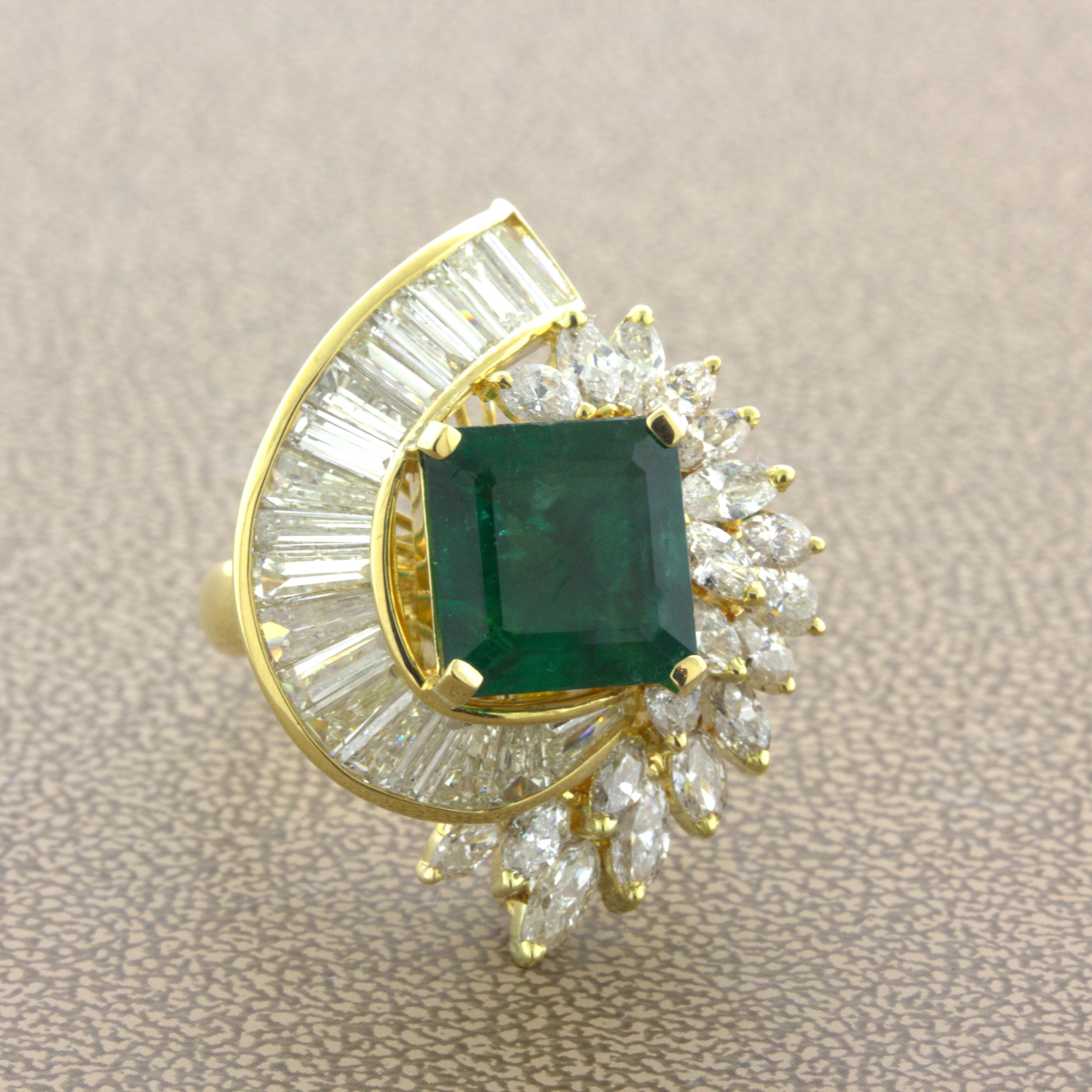 Square Cut Emerald Diamond Cascade 18k Yellow Gold Pendant & Ring For Sale