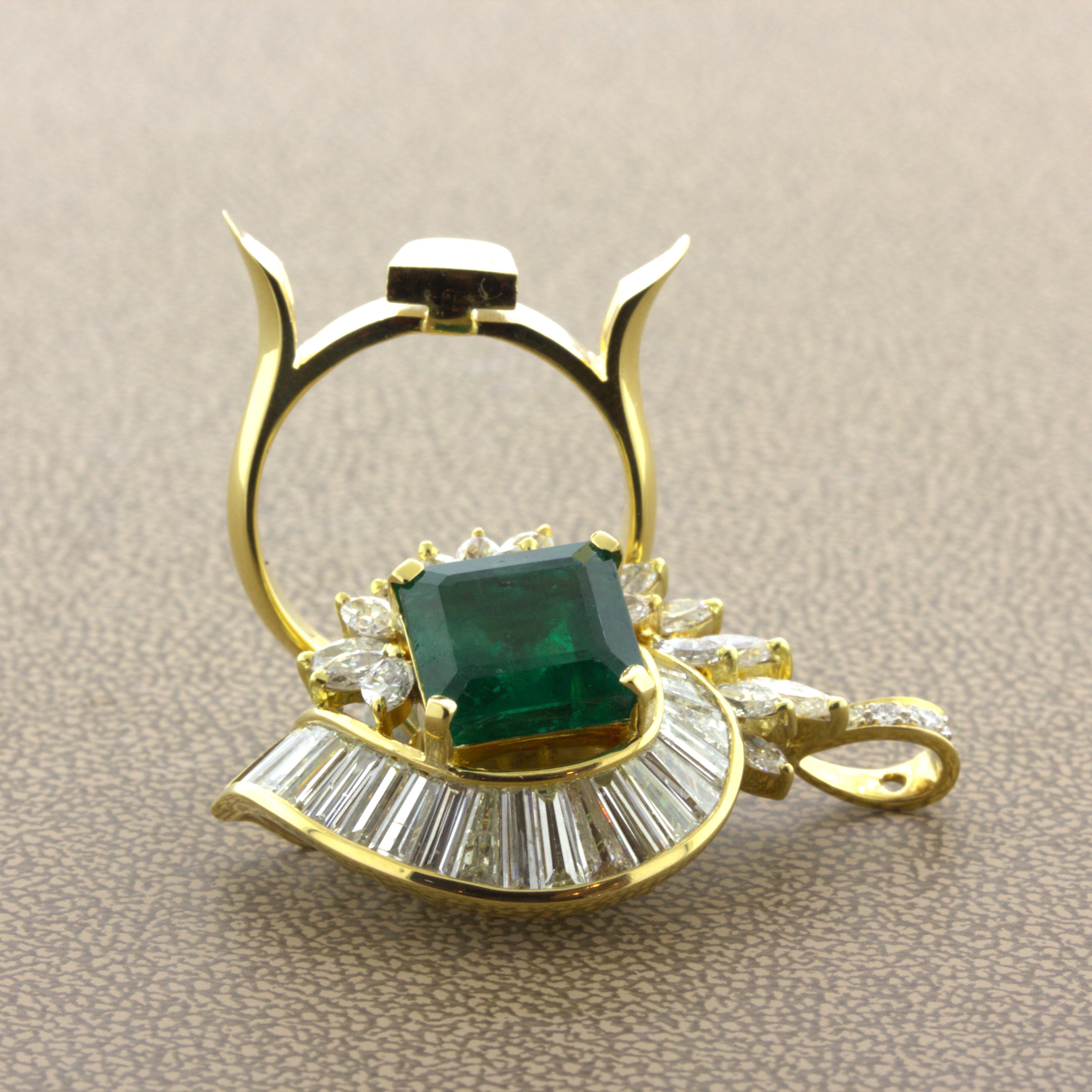 Emerald Diamond Cascade 18k Yellow Gold Pendant & Ring For Sale 1