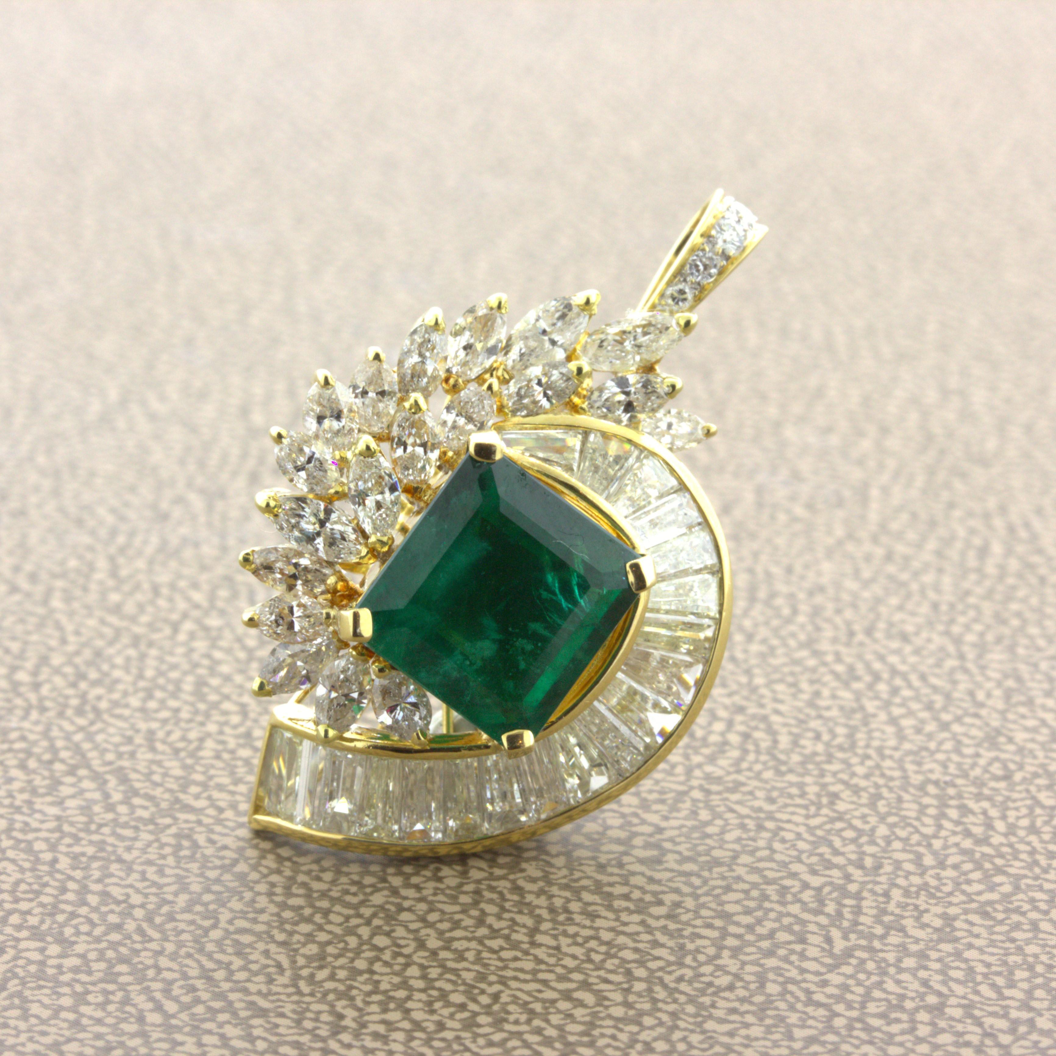 Emerald Diamond Cascade 18k Yellow Gold Pendant & Ring For Sale 2