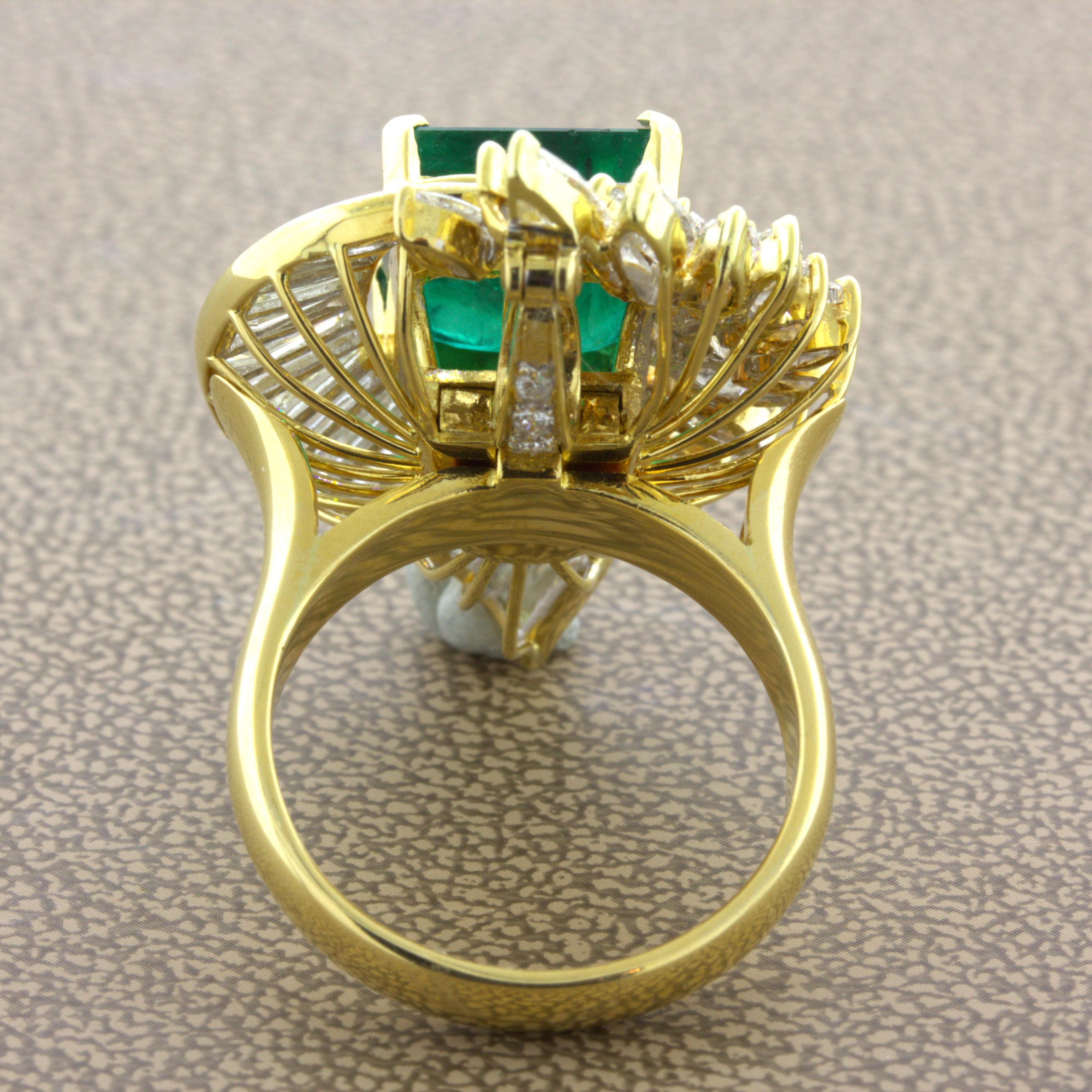 Emerald Diamond Cascade 18k Yellow Gold Pendant & Ring For Sale 3