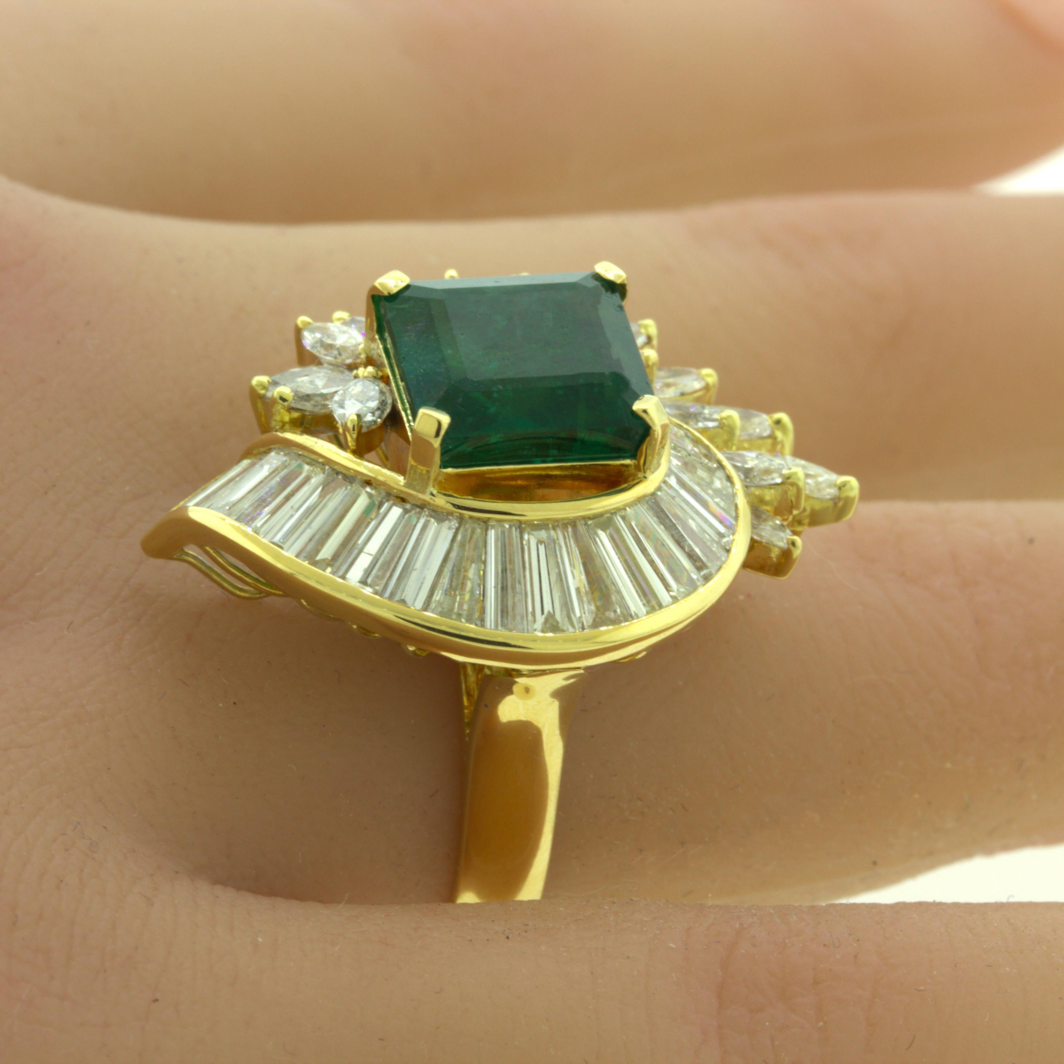 Emerald Diamond Cascade 18k Yellow Gold Pendant & Ring For Sale 4