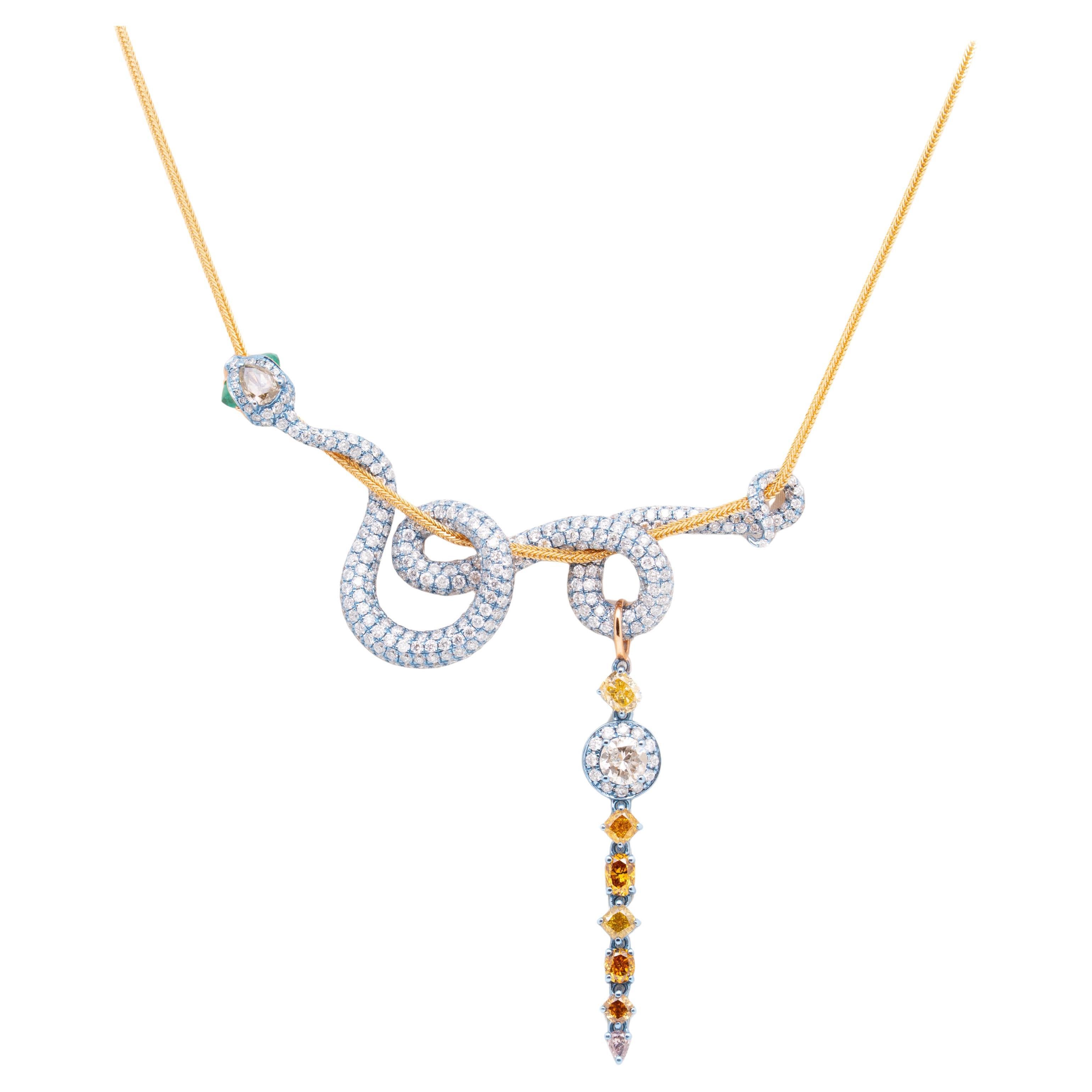 Collana di smeraldi e diamanti con catena d'oro, oro rosa 18 carati, Austy Lee