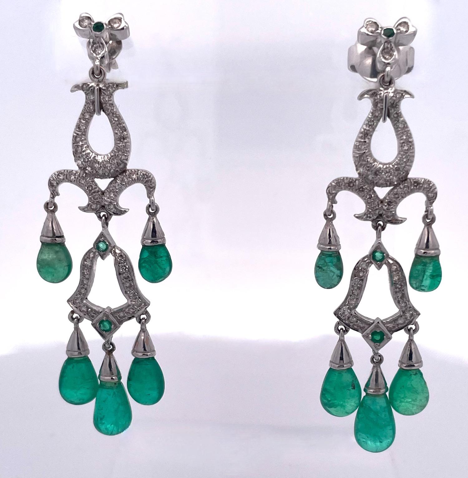 Emerald Diamond Chandelier Drop Earrings 14K For Sale 4