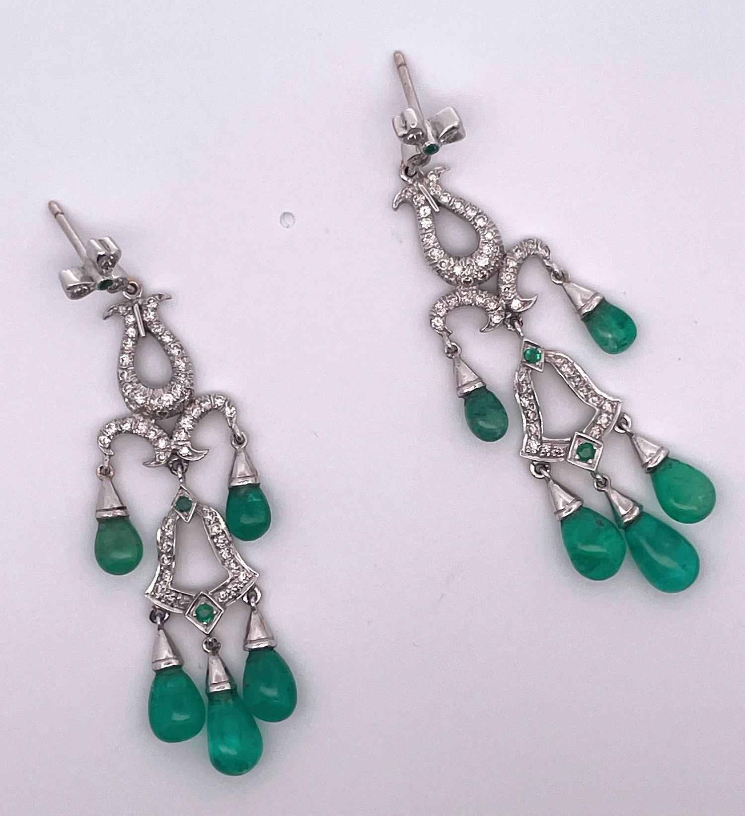Emerald Diamond Chandelier Drop Earrings 14K For Sale 5