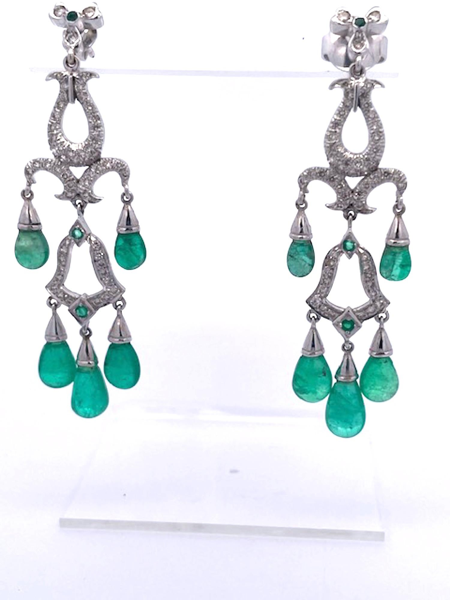 Cabochon Emerald Diamond Chandelier Drop Earrings 14K For Sale