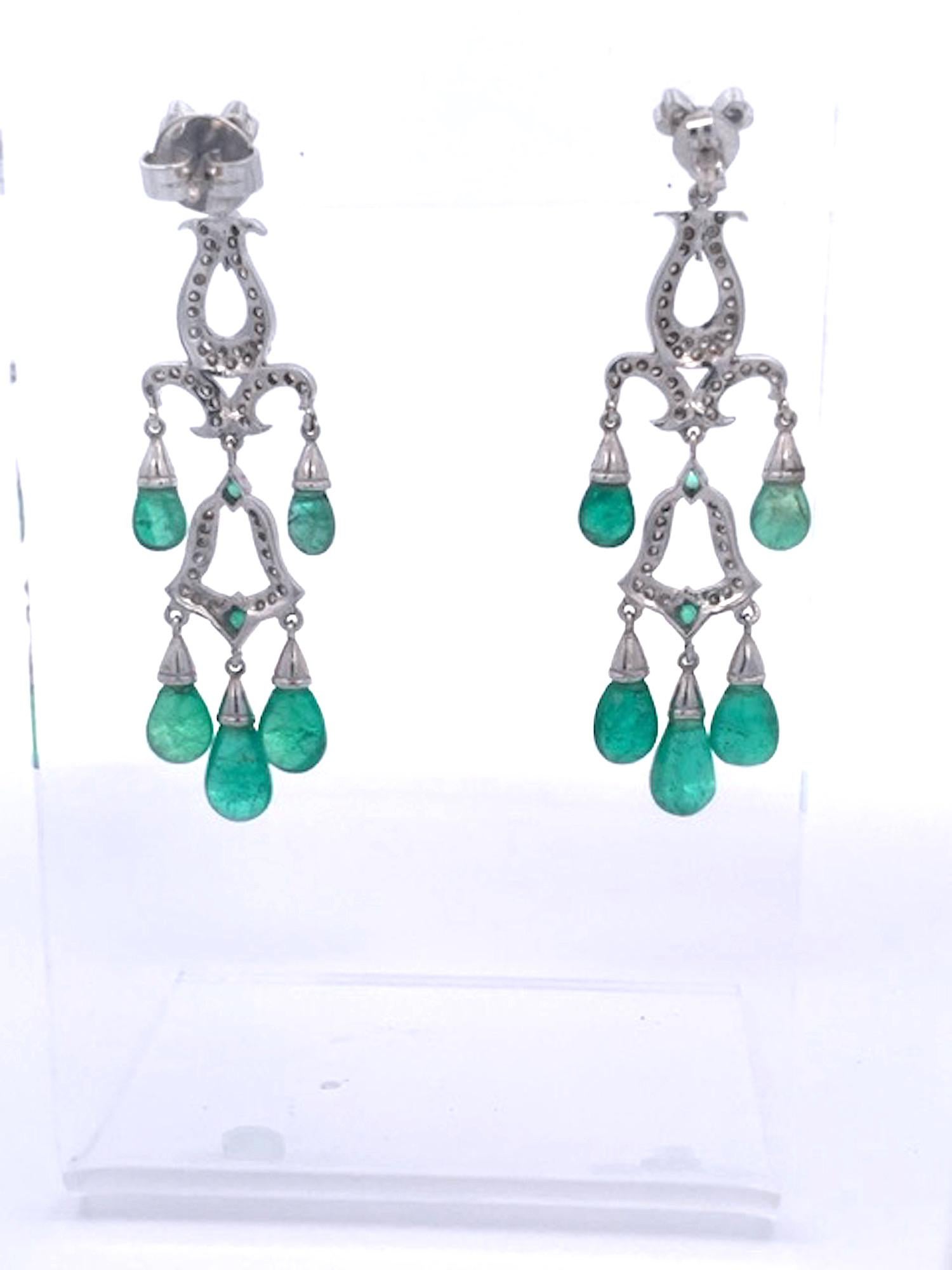 Emerald Diamond Chandelier Drop Earrings 14K In Good Condition For Sale In North Hollywood, CA