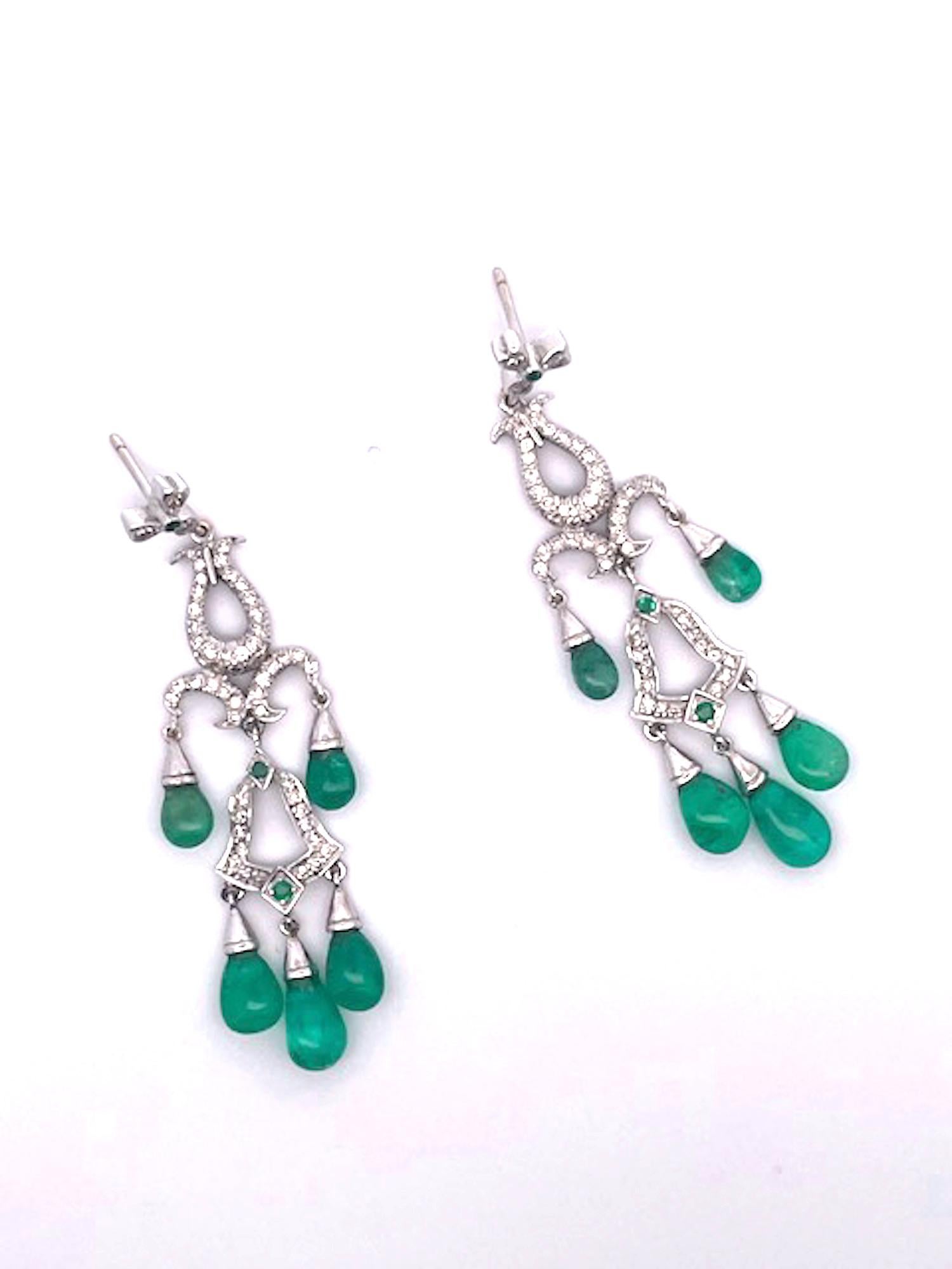 Emerald Diamond Chandelier Drop Earrings 14K For Sale 2