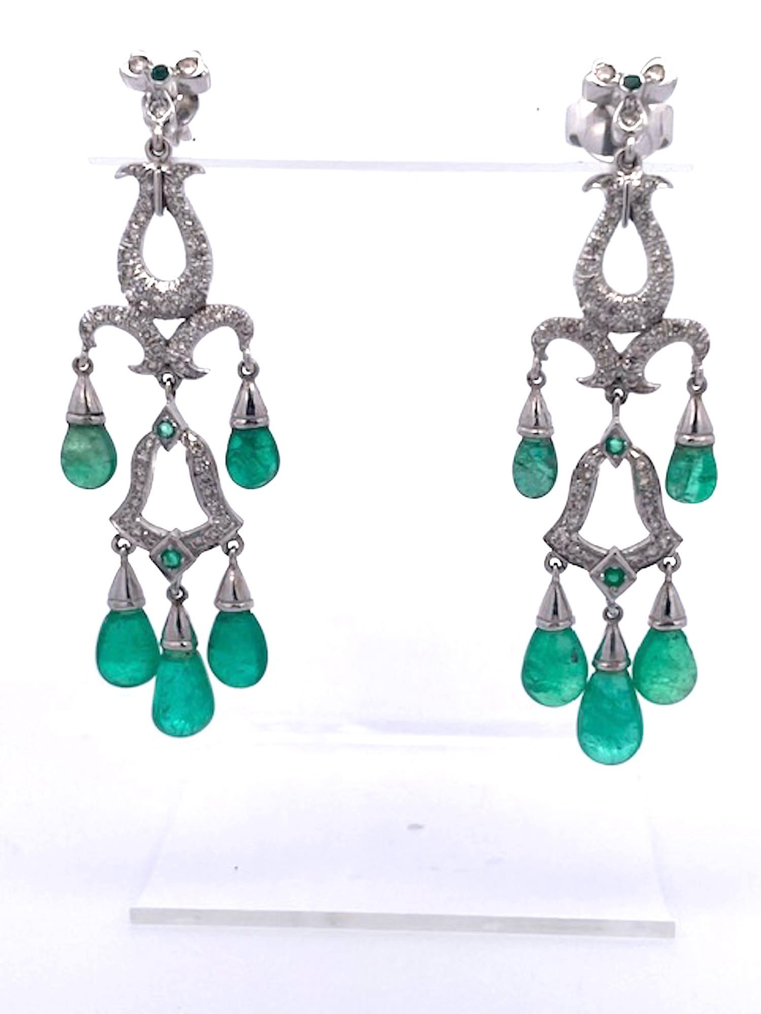 Emerald Diamond Chandelier Drop Earrings 14K For Sale 3