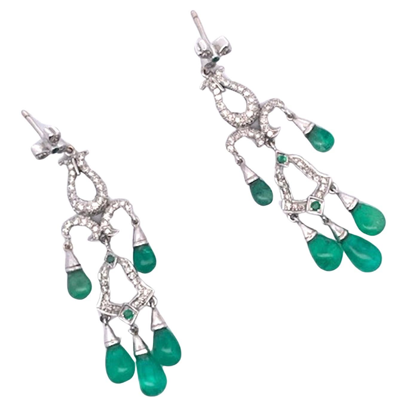 Emerald Diamond Chandelier Drop Earrings 14K For Sale