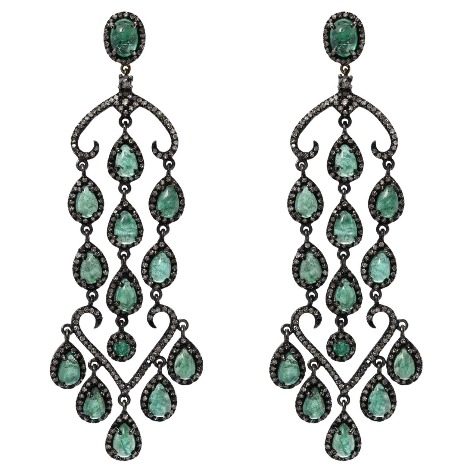 Emerald & Diamond Chandelier Earrings For Sale
