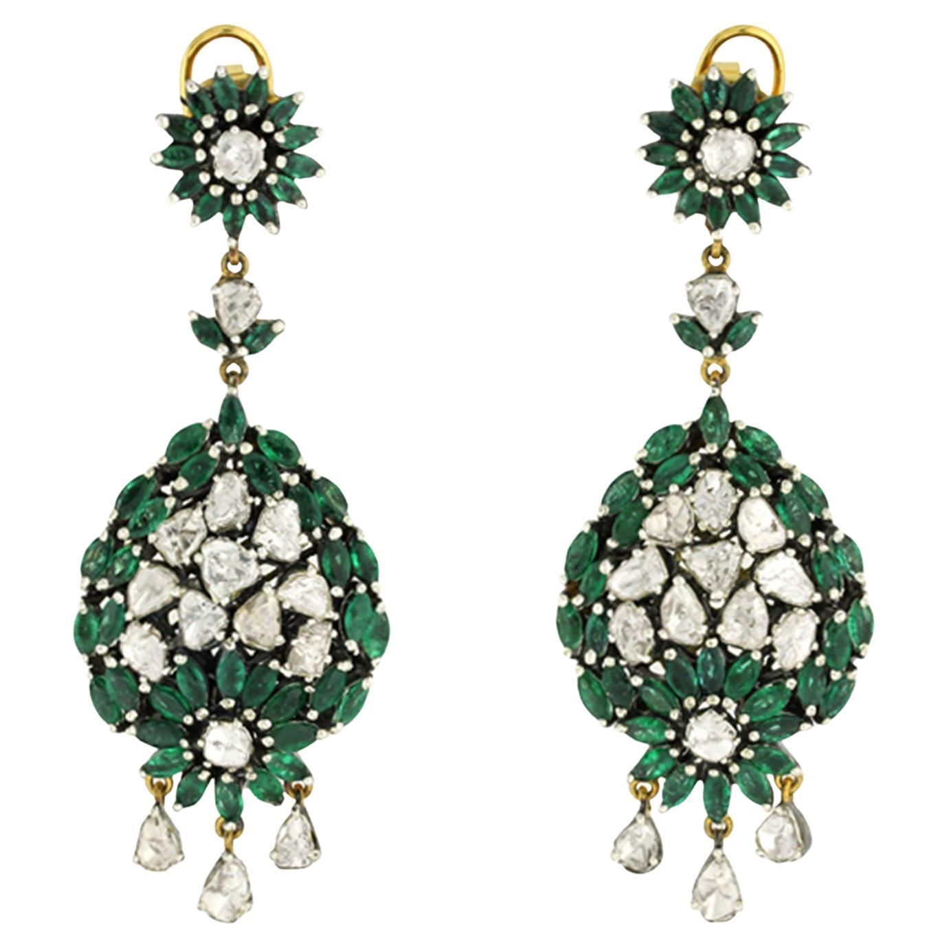 Emerald & Diamond Chandelier Earrings In 14k Yellow Gold
