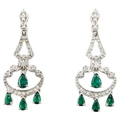 Emerald & Diamond Chandelier Stud Earrings in White Gold