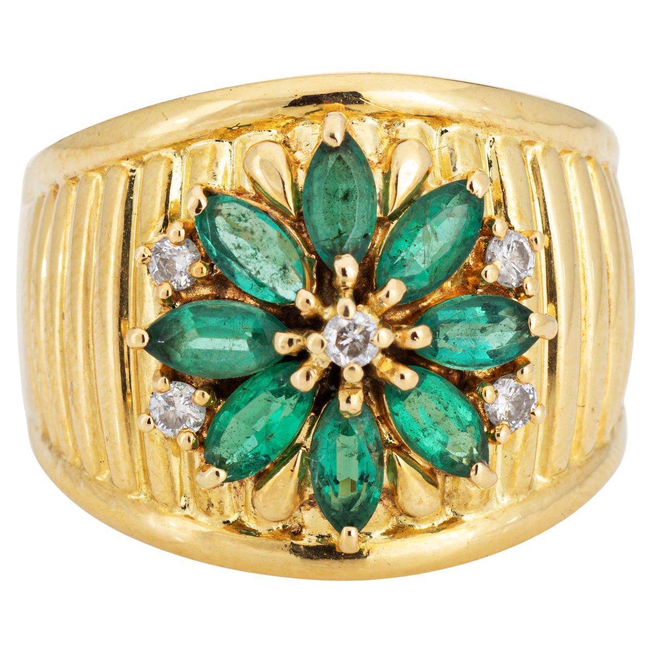 Emerald Diamond Cigar Ring Vintage 18k Yellow Gold Sz 9 Band Flower Jewelry