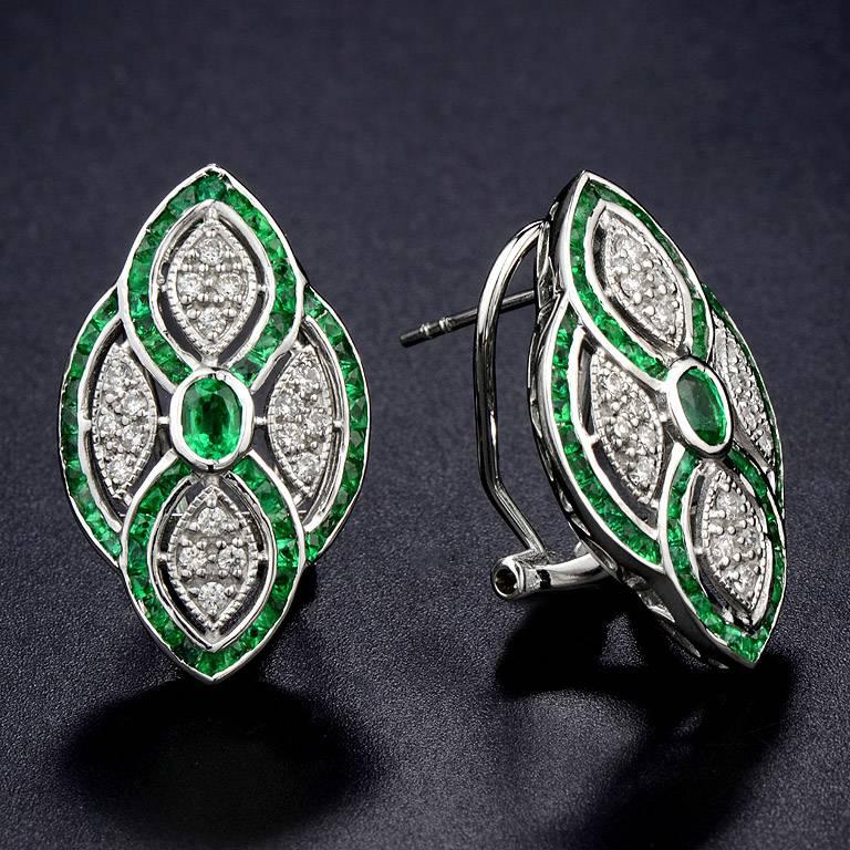 Art Deco Emerald Diamond Clip-On Earrings