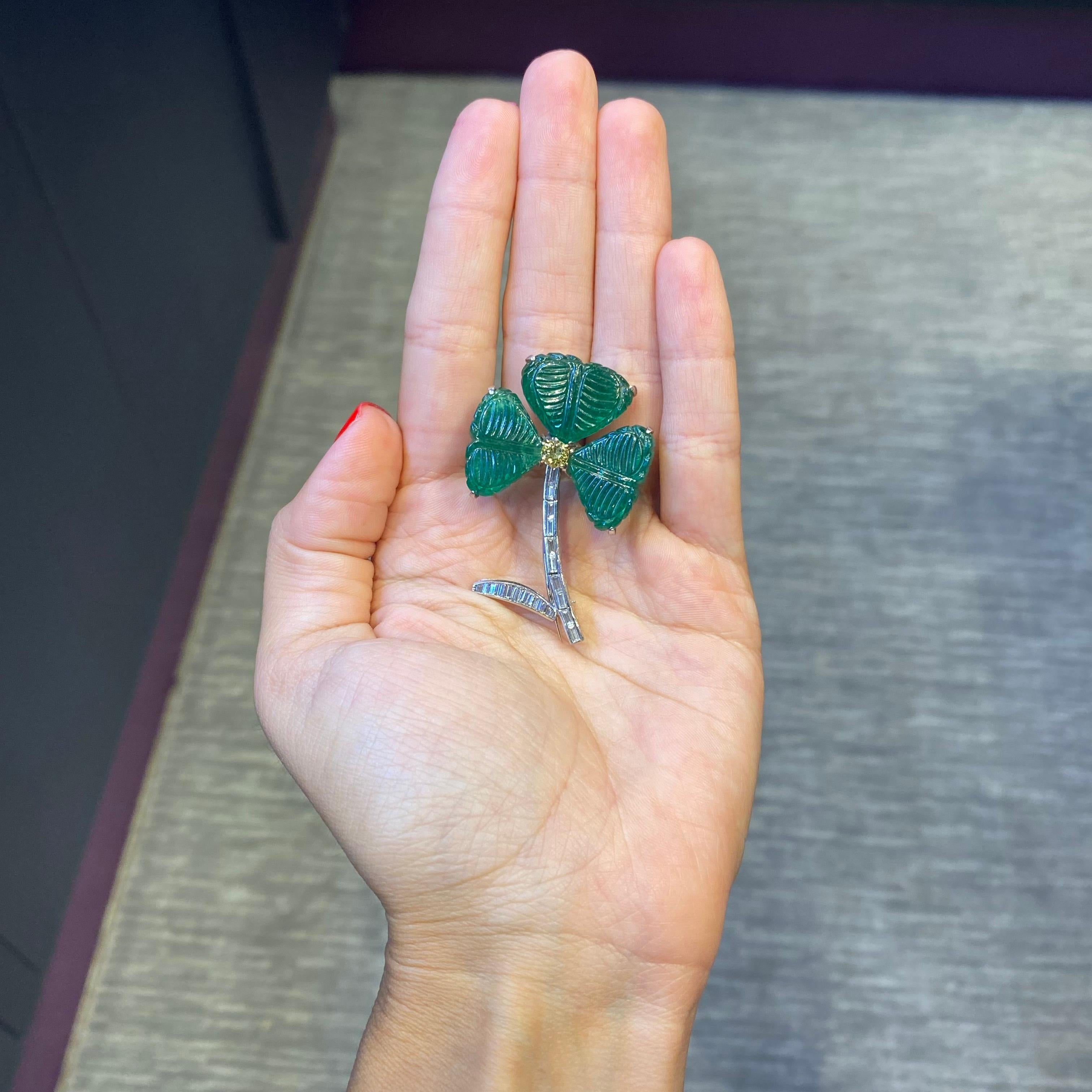 Round Cut Emerald & Diamond Clover Flower Brooch