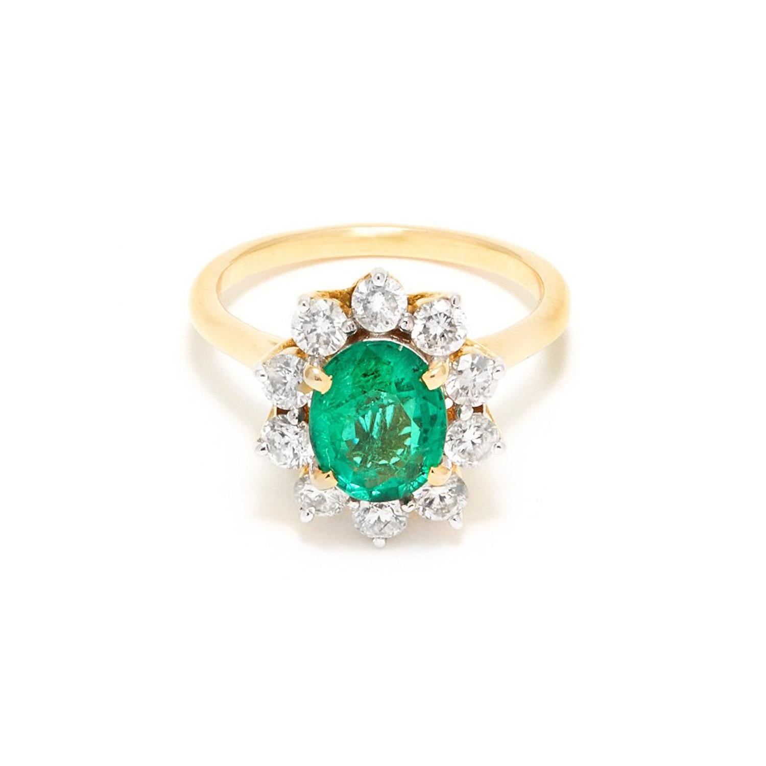 Oval Cut Emerald Diamond Cluster Certified Dress Ring For Sale
