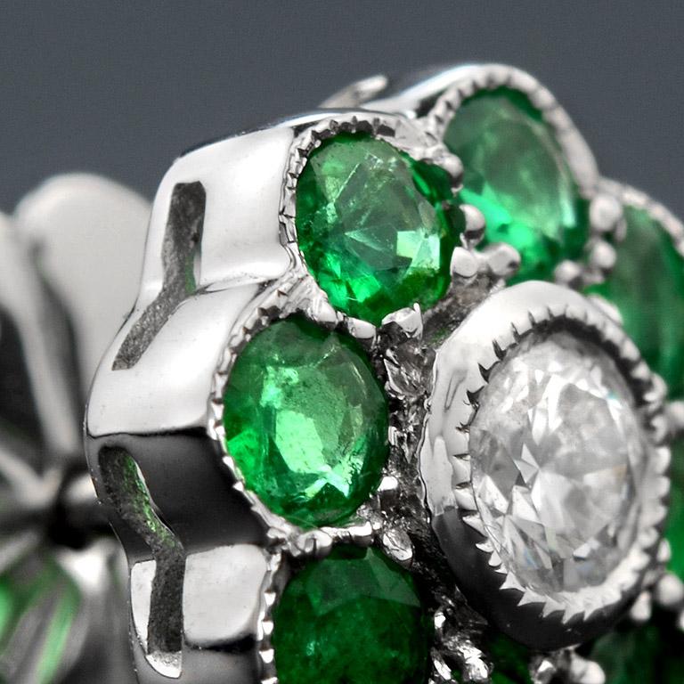 Round Cut Emerald Diamond Cluster Earrings