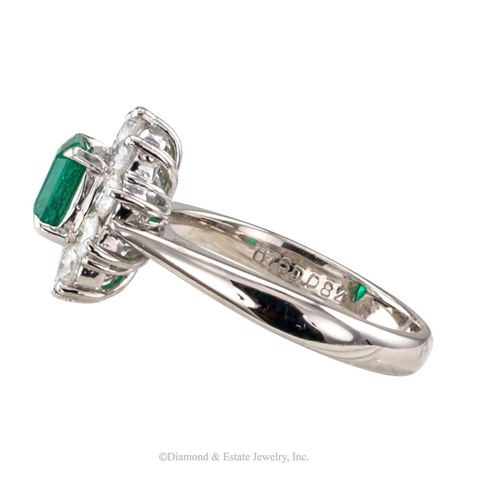 Contemporary Emerald Diamond Cluster Platinum Ring