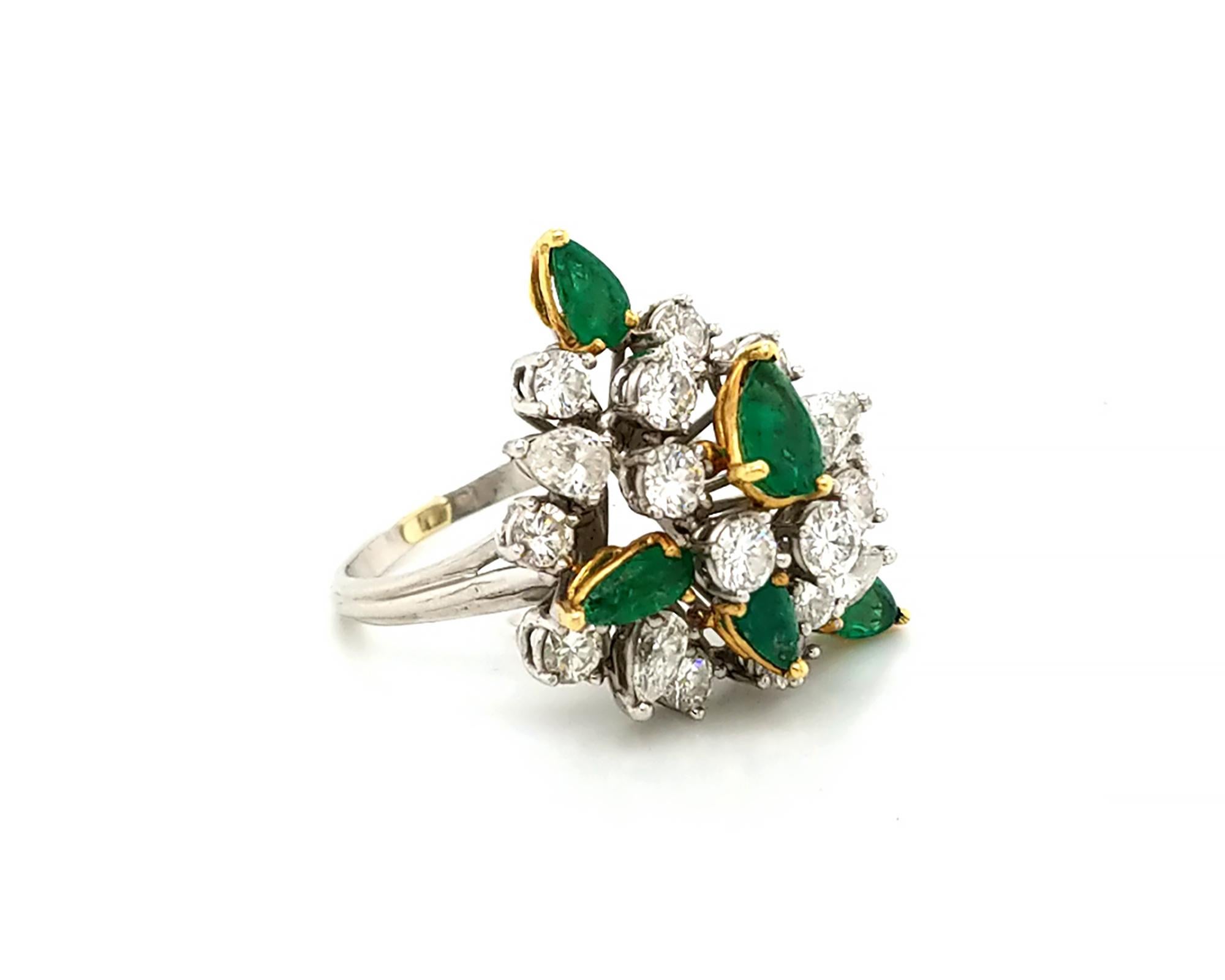 Pear Cut Emerald Diamond Cluster Platinum Ring