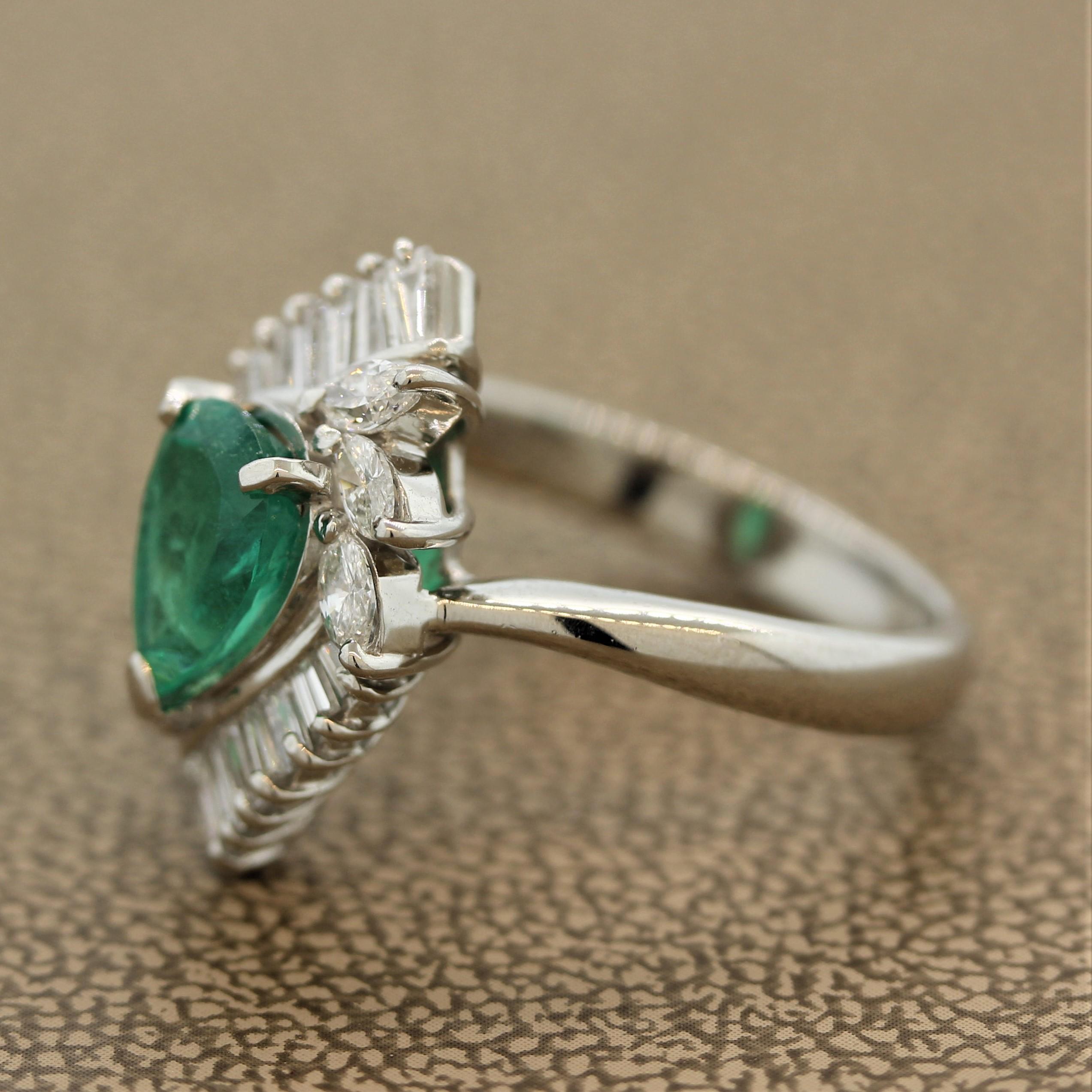 Mixed Cut Emerald Diamond Cluster Platinum Ring