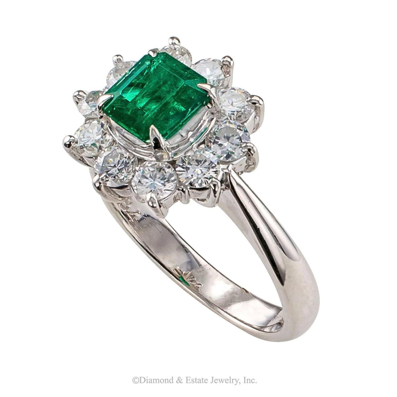 Emerald Cut Emerald Diamond Cluster Platinum Ring