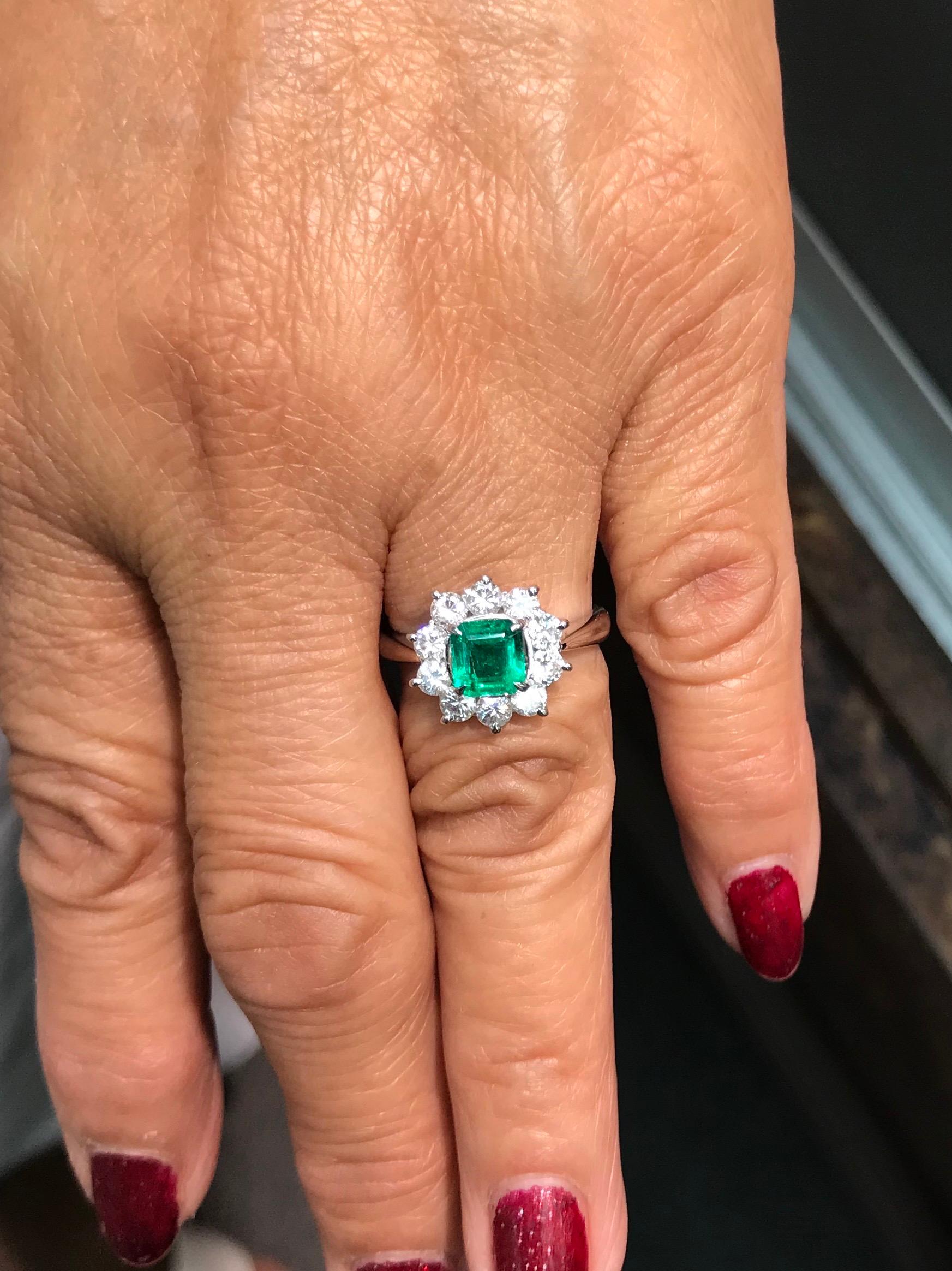Emerald Diamond Cluster Platinum Ring 1