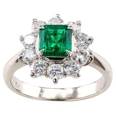 Vintage Emerald Diamond Cluster Platinum Ring