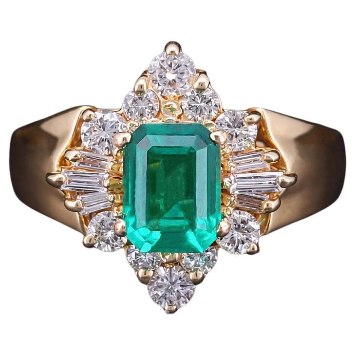 Emerald and Diamond Cluster Ring in 14K Yellow Gold, 1.20ctw Emerald