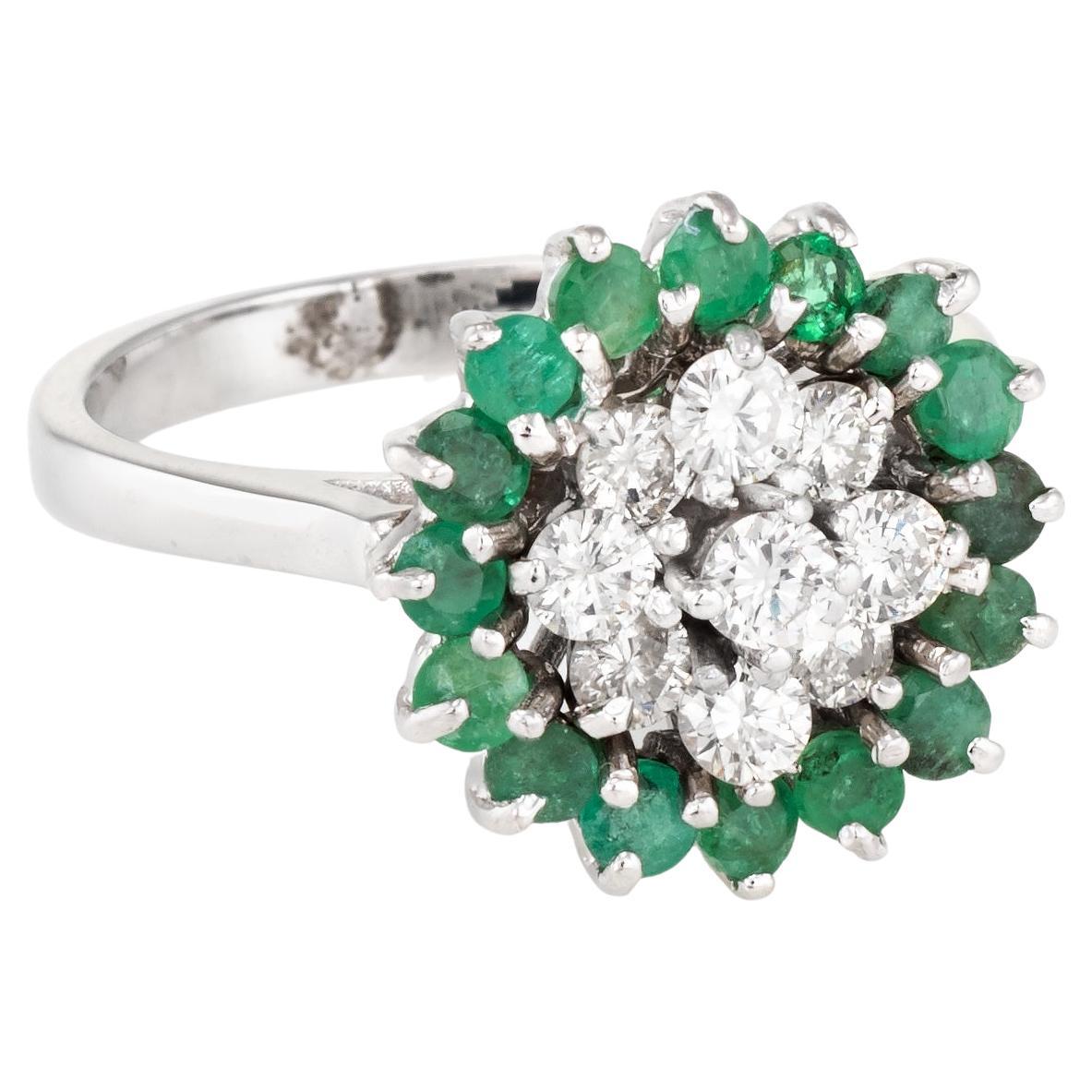 Emerald Diamond Cocktail Ring Vintage 14k White Gold Estate Fine