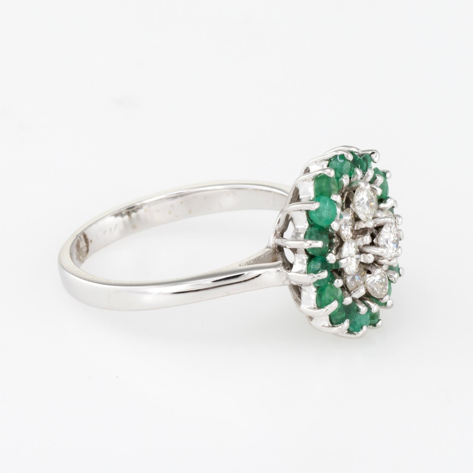 Modern Emerald Diamond Cluster Ring Vintage 14k White Gold Estate Fine Jewelry For Sale