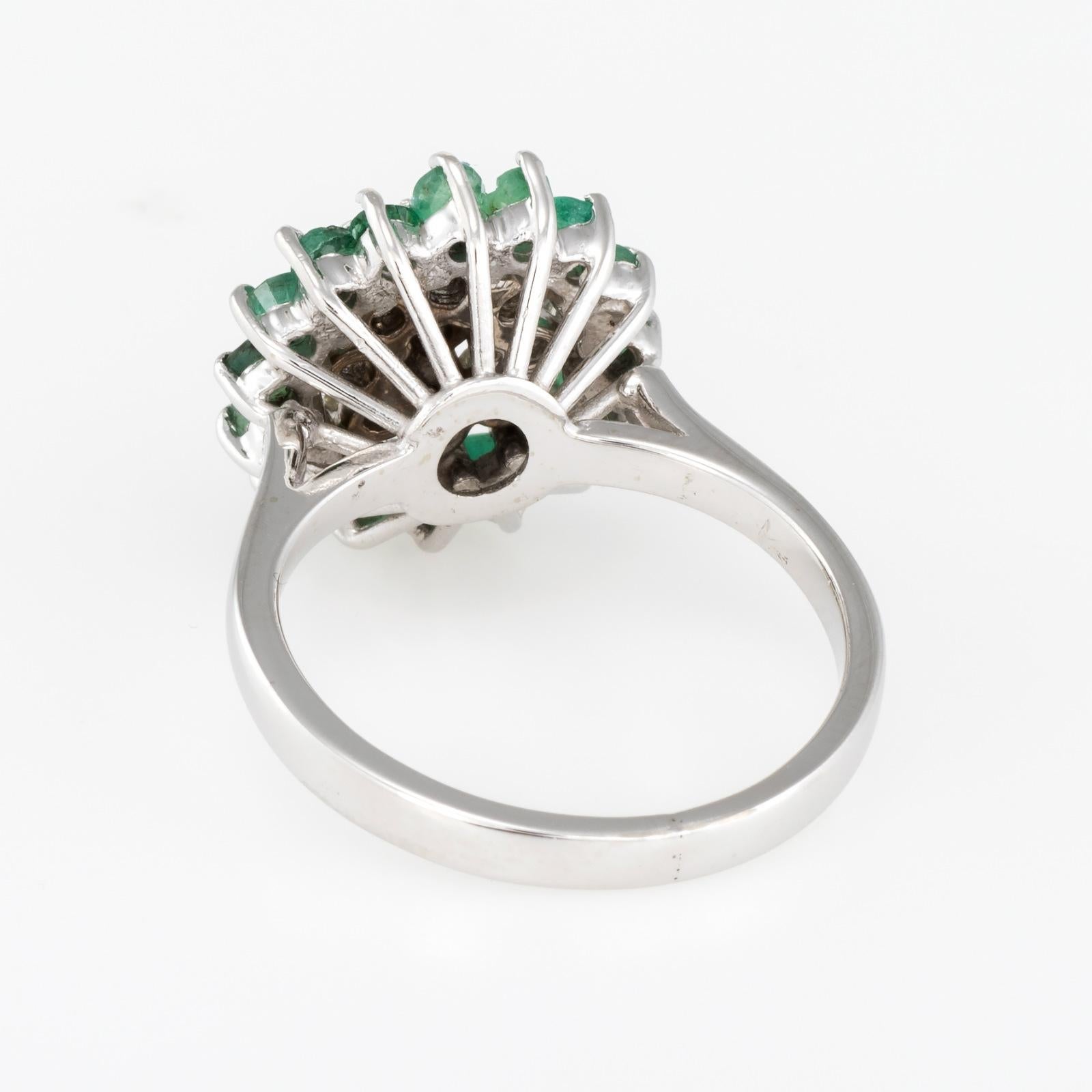 Emerald Diamond Cluster Ring Vintage 14k White Gold Estate Fine Jewelry In Good Condition For Sale In Torrance, CA