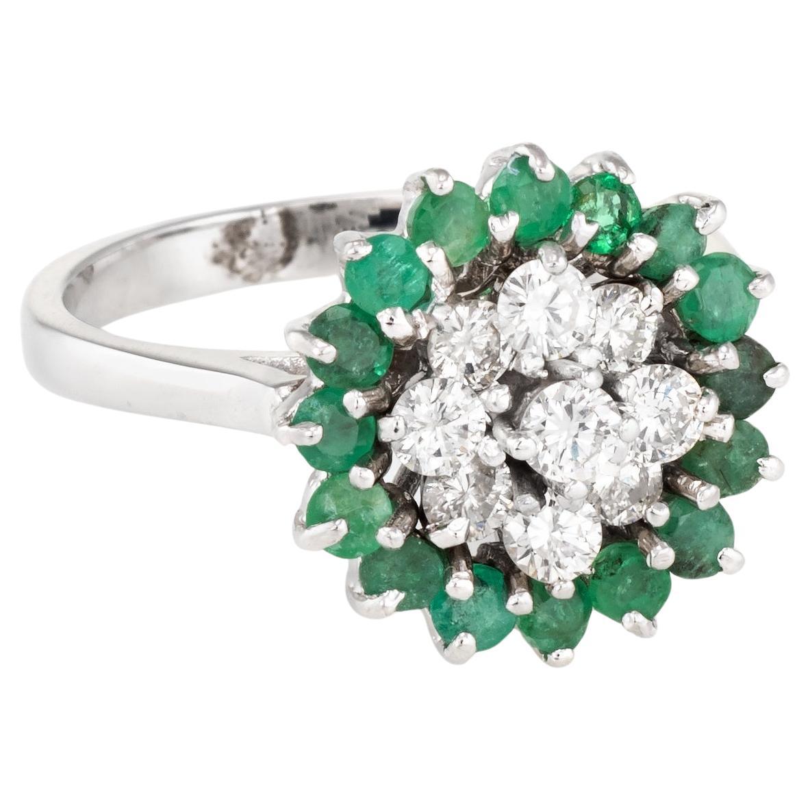 Emerald Diamond Cluster Ring Vintage 14k White Gold Estate Fine Jewelry For Sale
