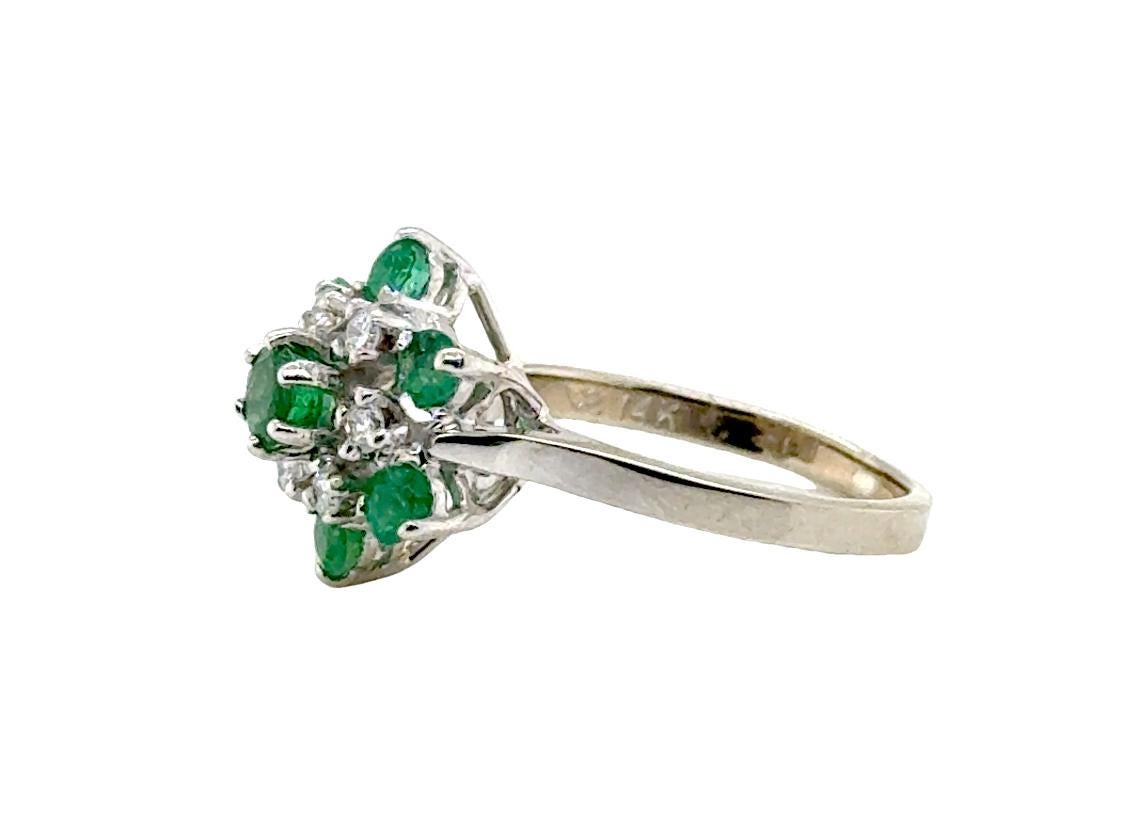 Round Cut Emerald Diamond Cocktail Cluster Statement Ring 1ct 14K White Gold May Birthston