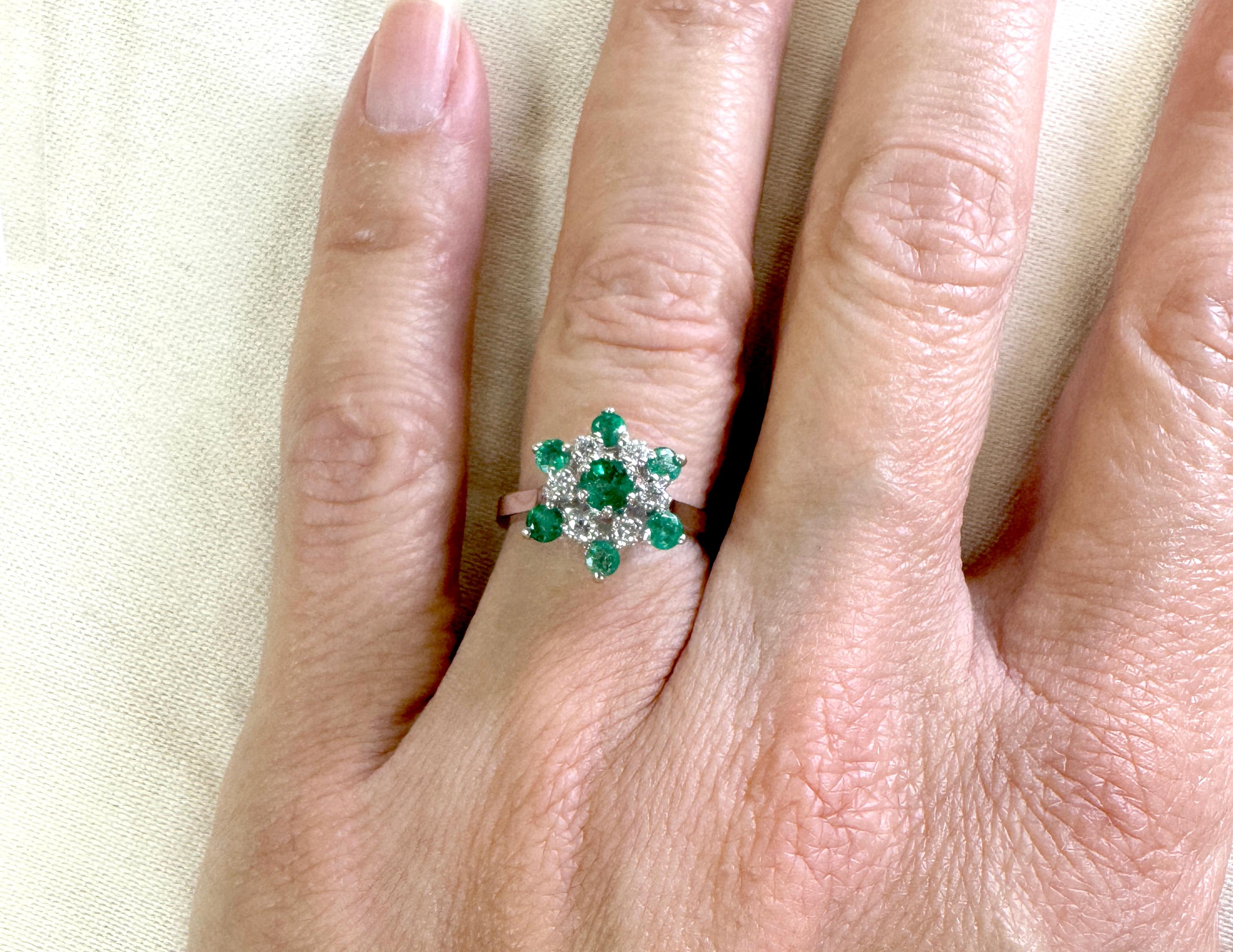 Emerald Diamond Cocktail Cluster Statement Ring 1ct 14K White Gold May Birthston 1