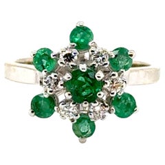 Emerald Diamond Cocktail Cluster Statement Ring 1ct 14K White Gold May Birthston