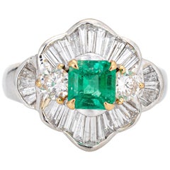 Emerald Diamond Cocktail Ring Estate Platinum 18k Gold Mixed Cut Fine Jewelry