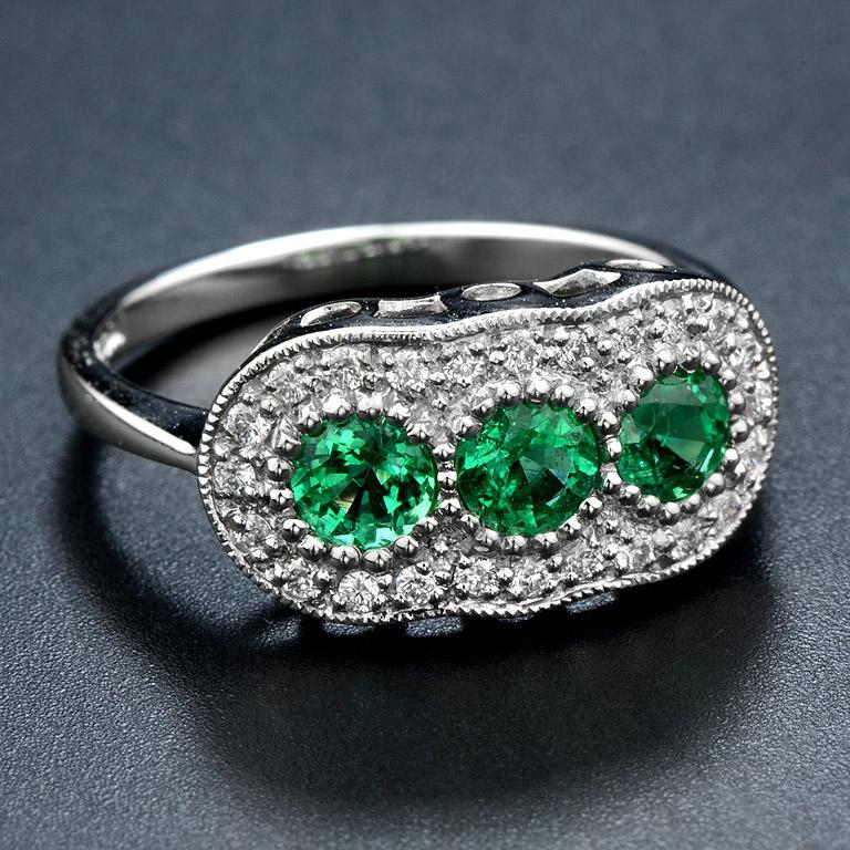 For Sale:  Round Emerald with Diamond Three Stone Ring in 18K White Gold 2