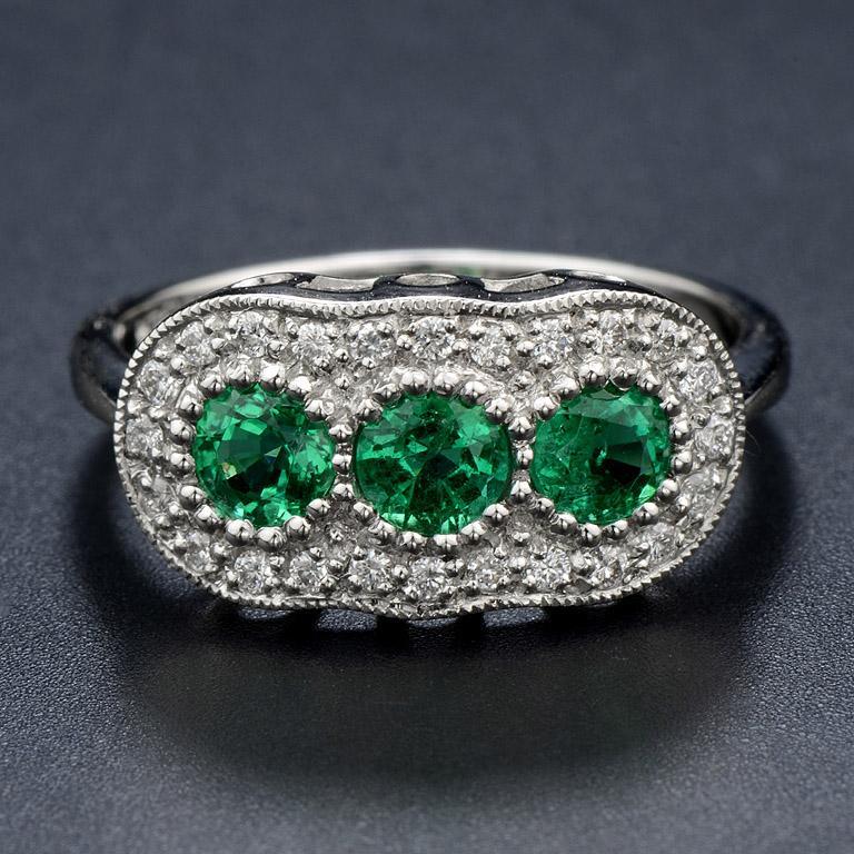 For Sale:  Round Emerald with Diamond Three Stone Ring in 18K White Gold 3