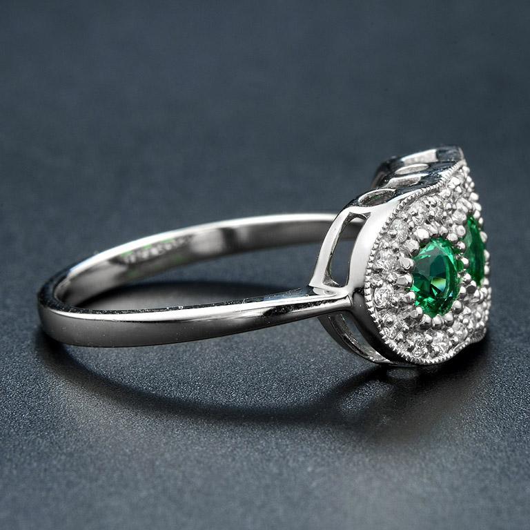 For Sale:  Round Emerald with Diamond Three Stone Ring in 18K White Gold 4