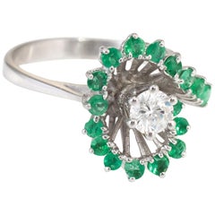 Emerald Diamond Cocktail Ring Vintage 14 Karat White Gold