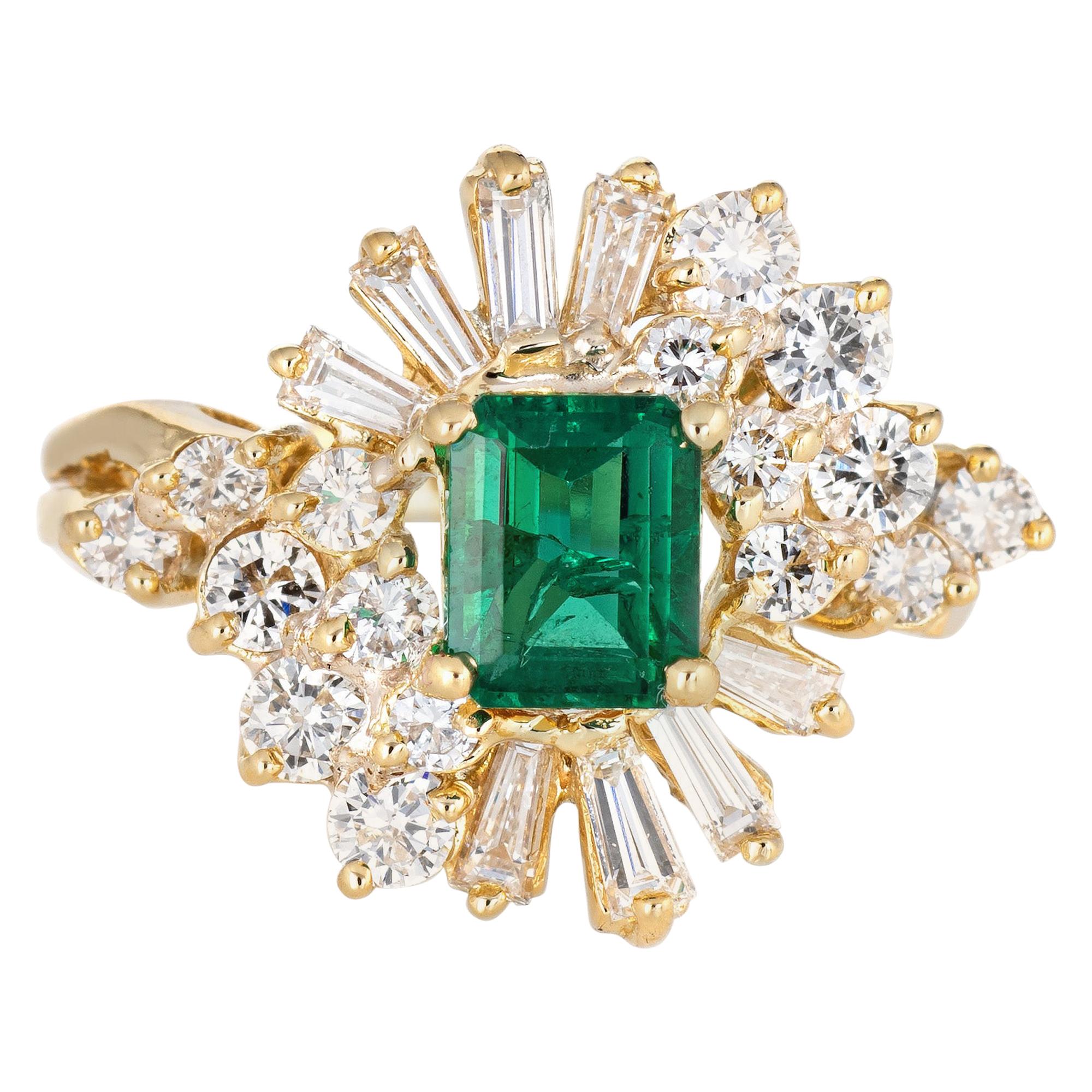 Emerald Diamond Cocktail Ring Vintage 18 Karat Gold Mixed Cut Estate Jewelry
