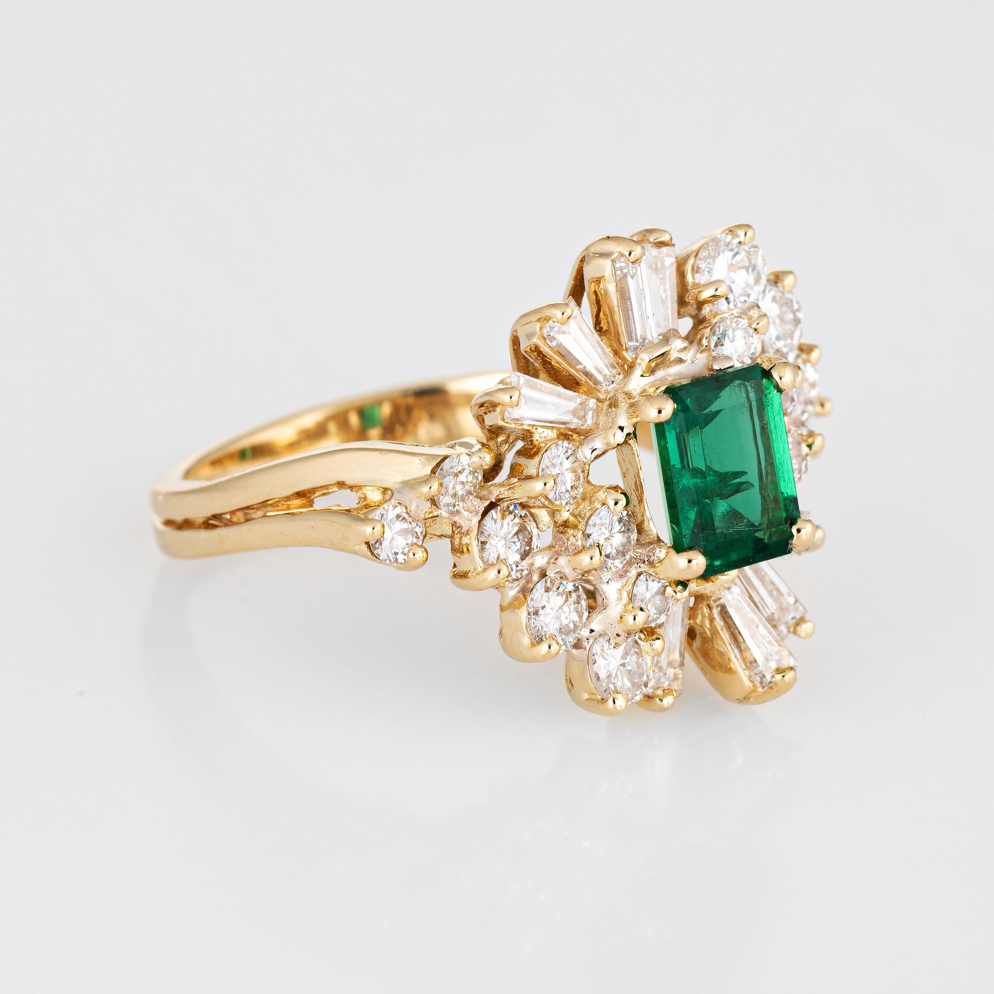 Modern Emerald Diamond Cocktail Ring Vintage 18 Karat Gold Mixed Cut Estate Jewelry