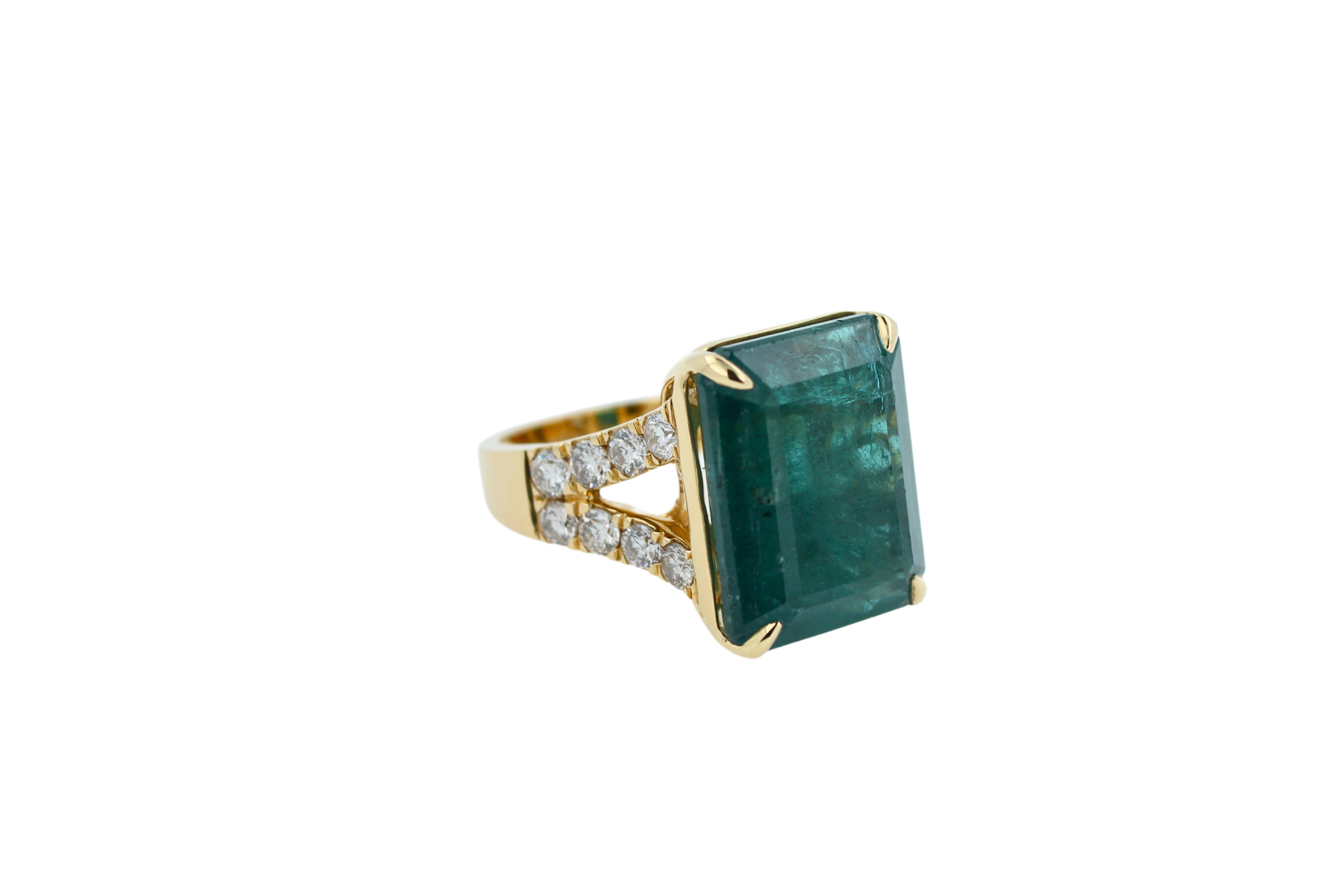 Emerald Cut Emerald Diamond Cocktail Statement Unique Split Shank 18 Karat Yellow Gold Ring For Sale