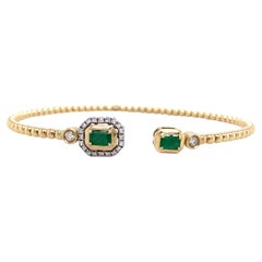 Emerald Diamond Contrast Asymmetric Flexible Cuff Bangle, Two-Tone 14K Gold