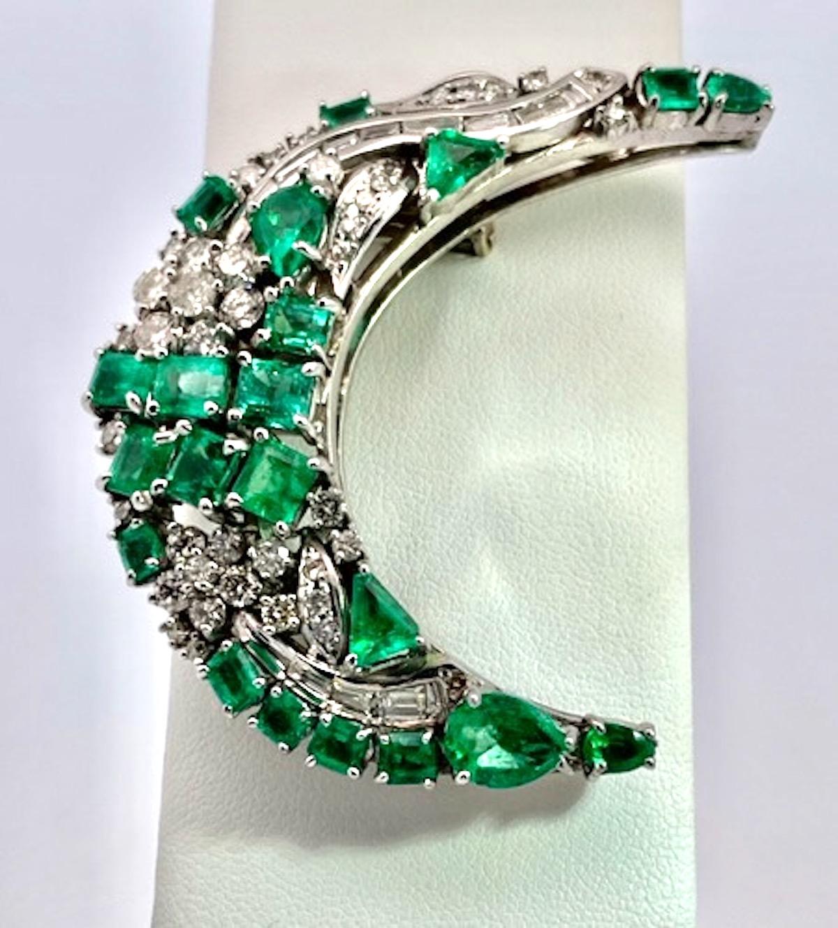 Modern Emerald Diamond Crescent Brooch 14K 7.52 Carats For Sale