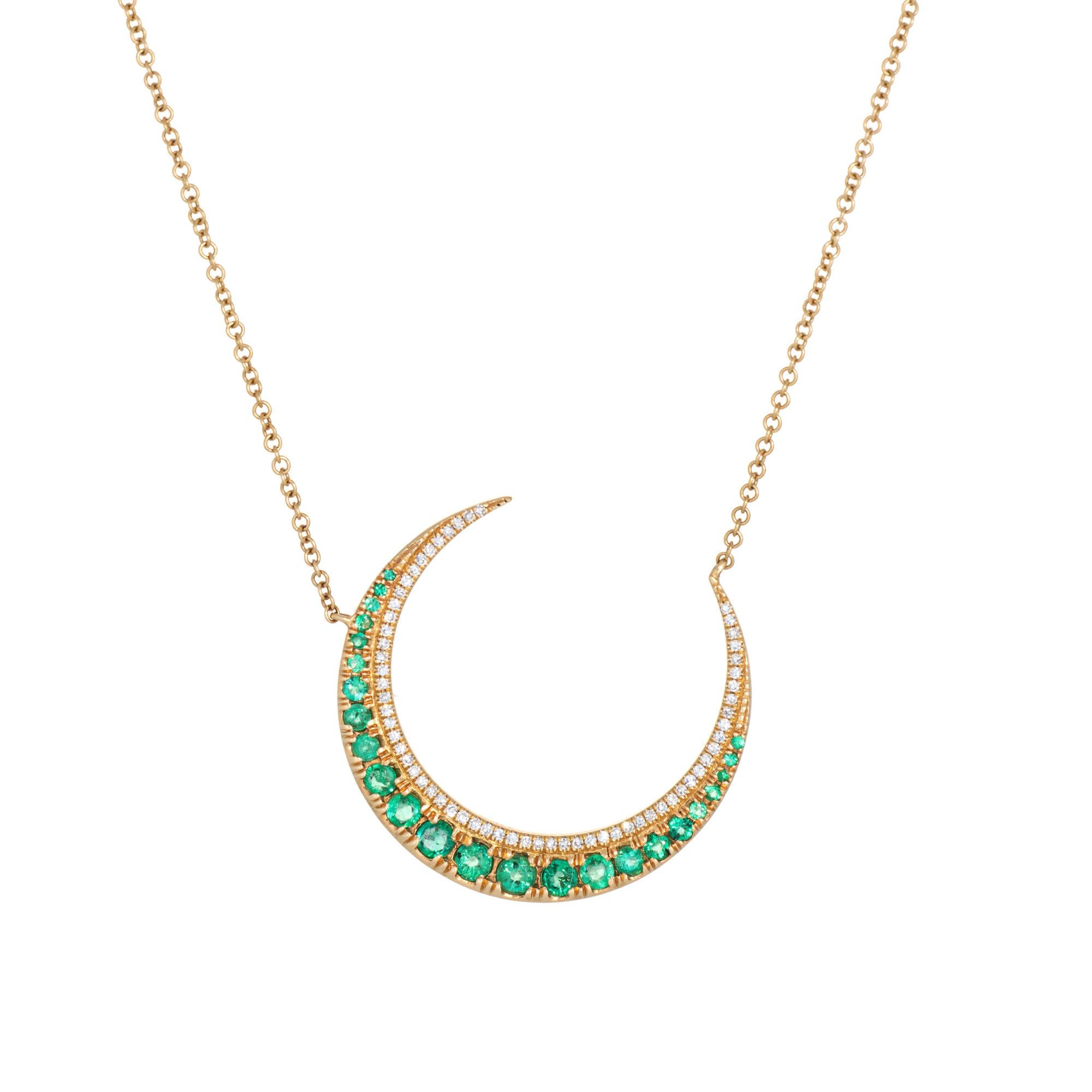 Round Cut Emerald Diamond Crescent Moon Necklace 14k Gold Celestial Fine Jewelry 18